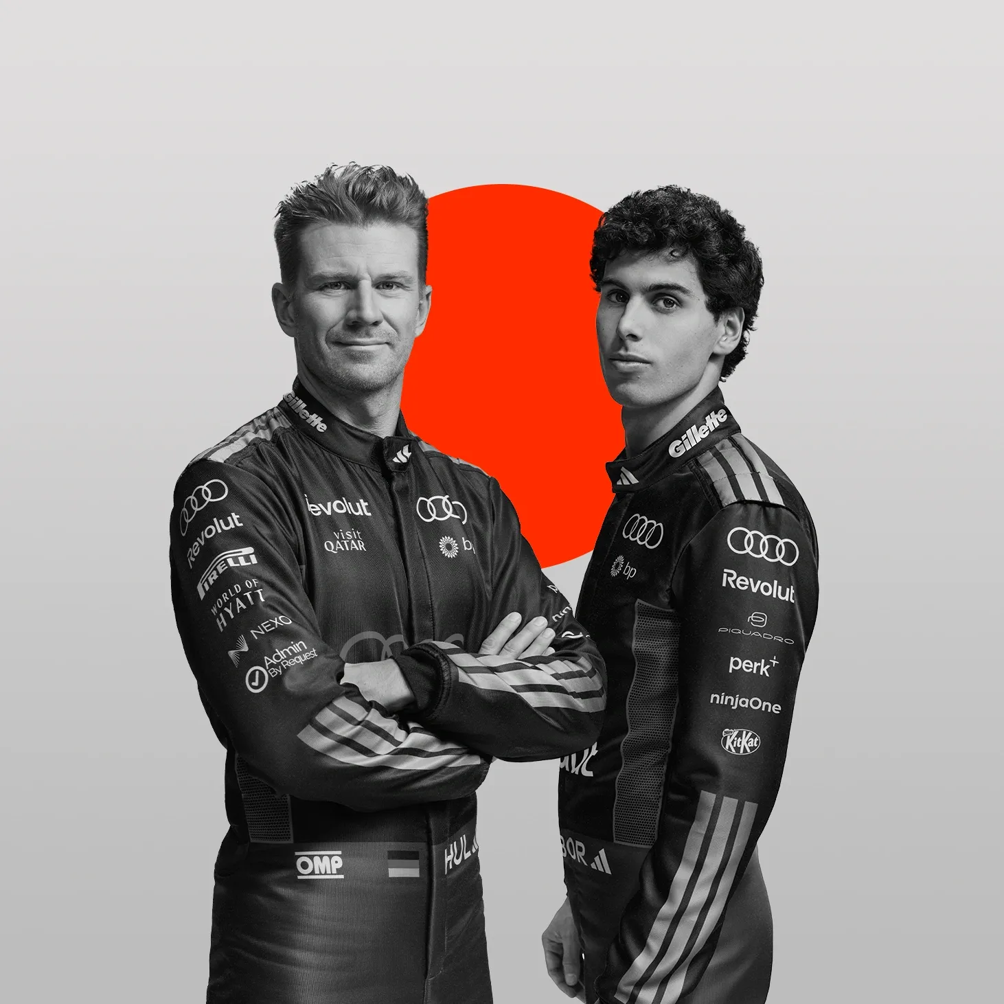 Black and white side by side pose of Nico Hulkenberg right and Gabriel Bortoleto left with red japanese flag in the background