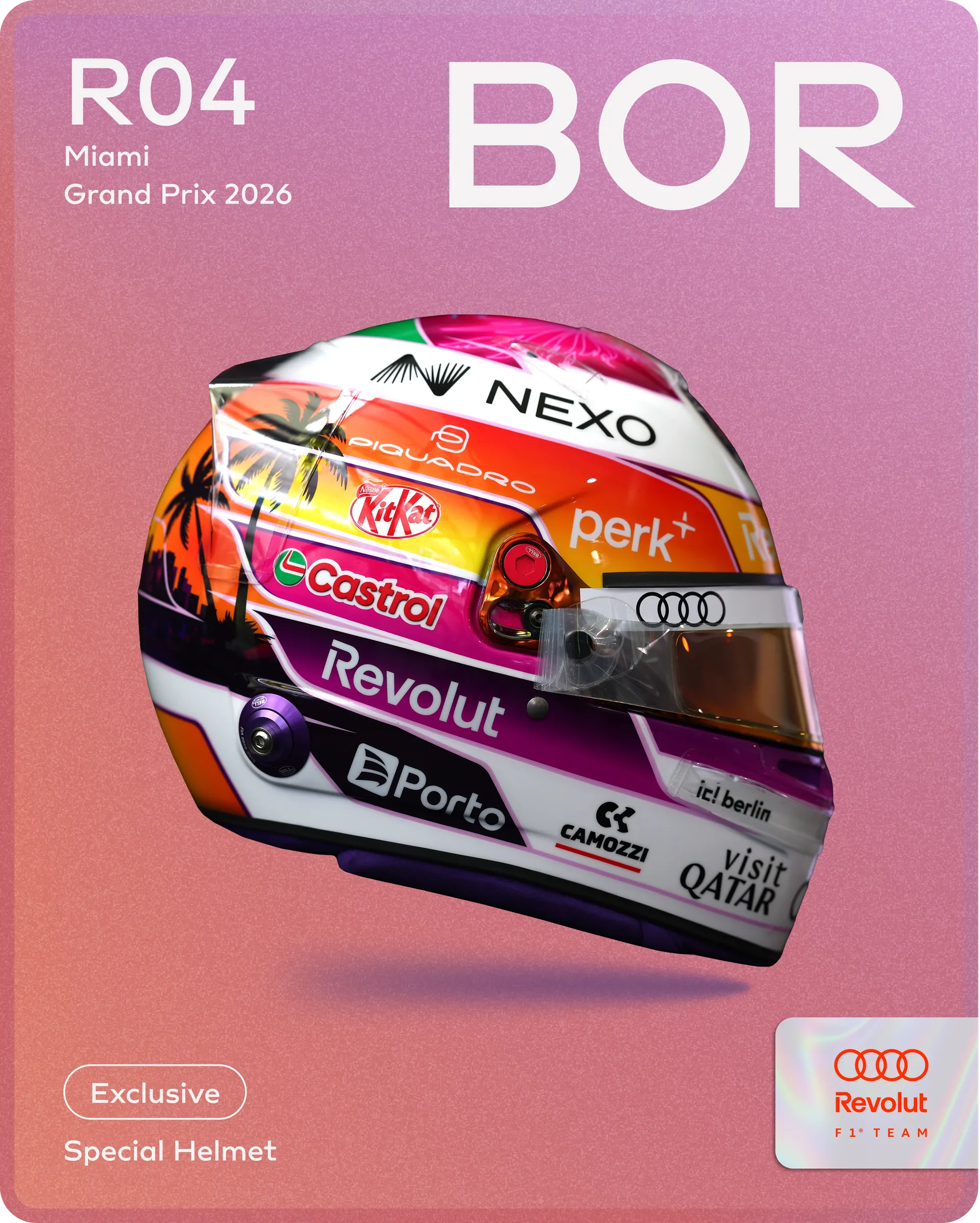 Miami 26 Special Helmet Gabriel Bortoleto Team Card by the Audi Revolut F1® Team