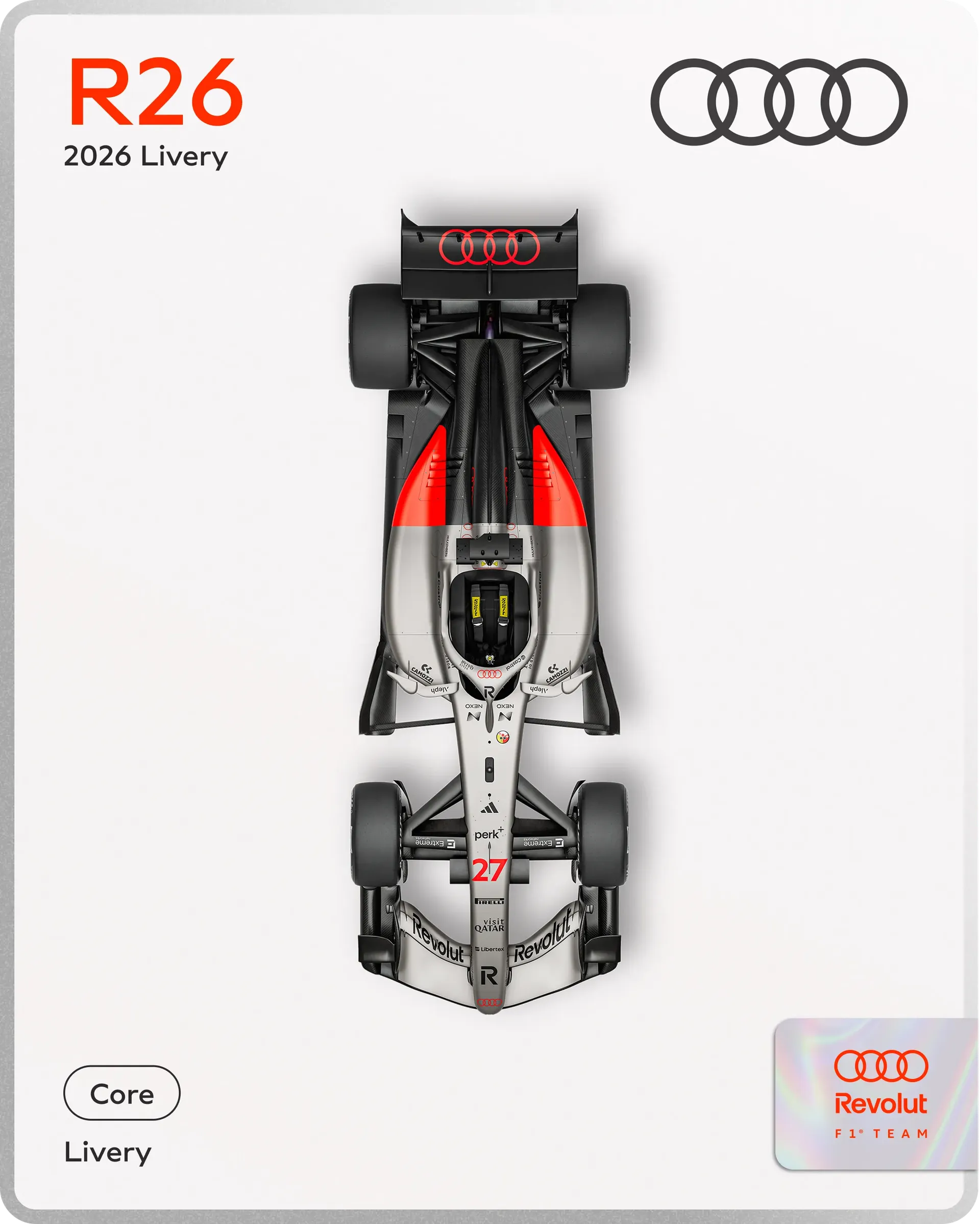 Audi Revolut F1® Team R26 2026 Core Livery Team Card: silver car with red sidepods, black carbon rear and red Audi ring.