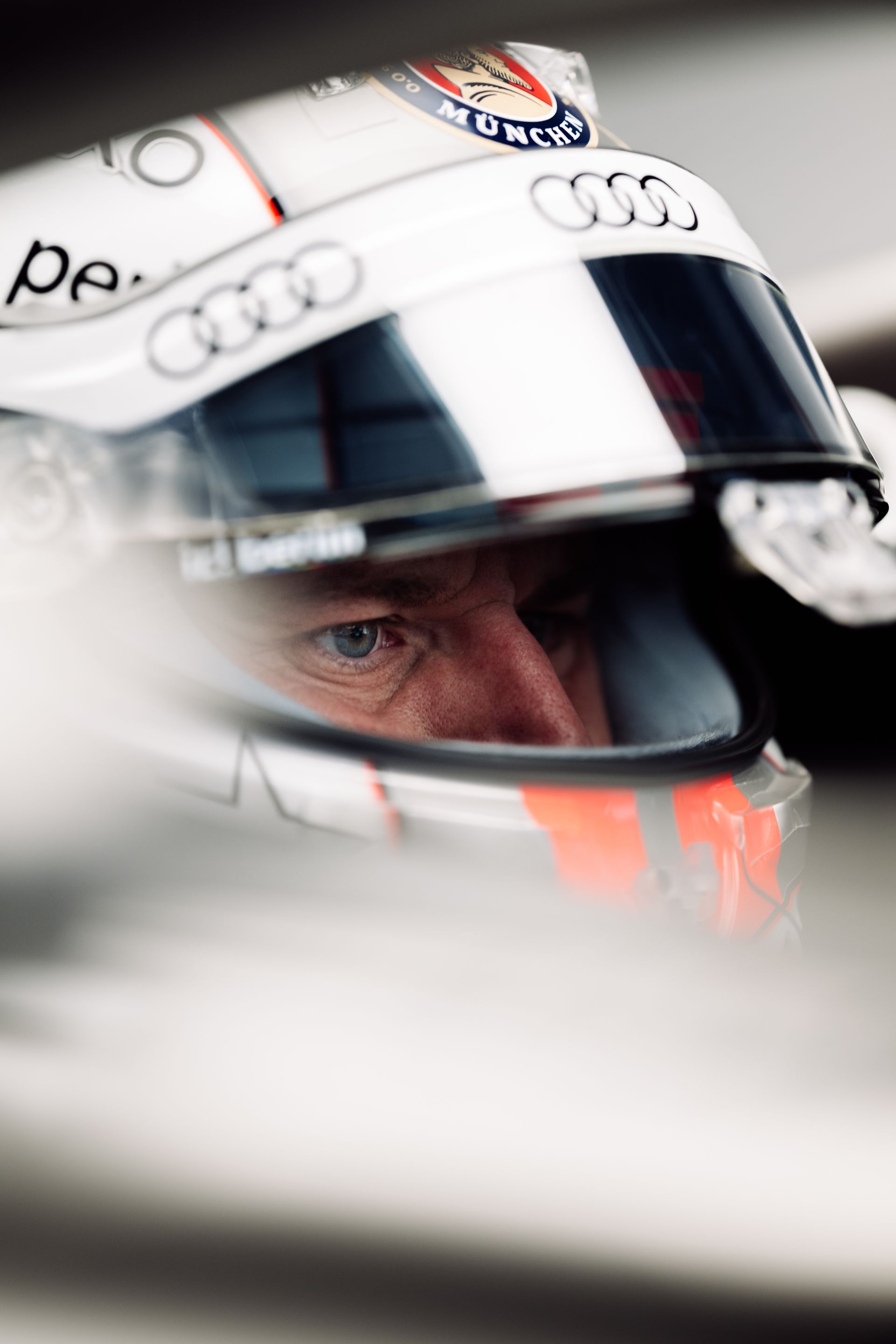 Close-up from Nico Hulkenberg in the car wearing a helmet
