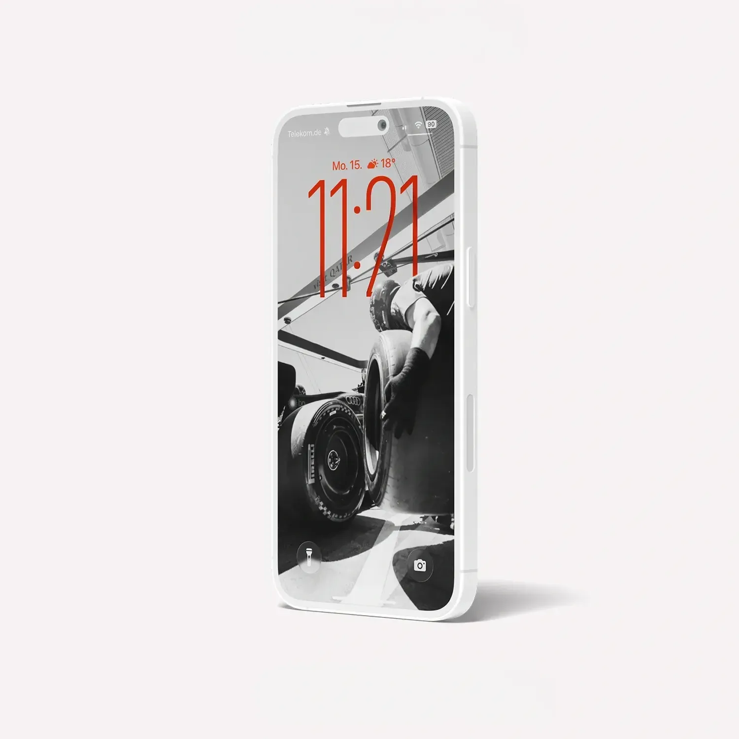 Side vie of an iphone showing a black and white Barcelona wallpaper on the screen