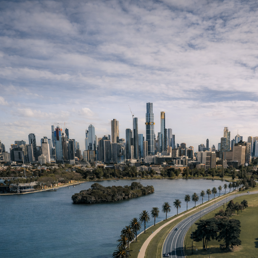 Melbourne skyline with Yarra River and palm-lined road ahead of the Australian Grand Prix 2026