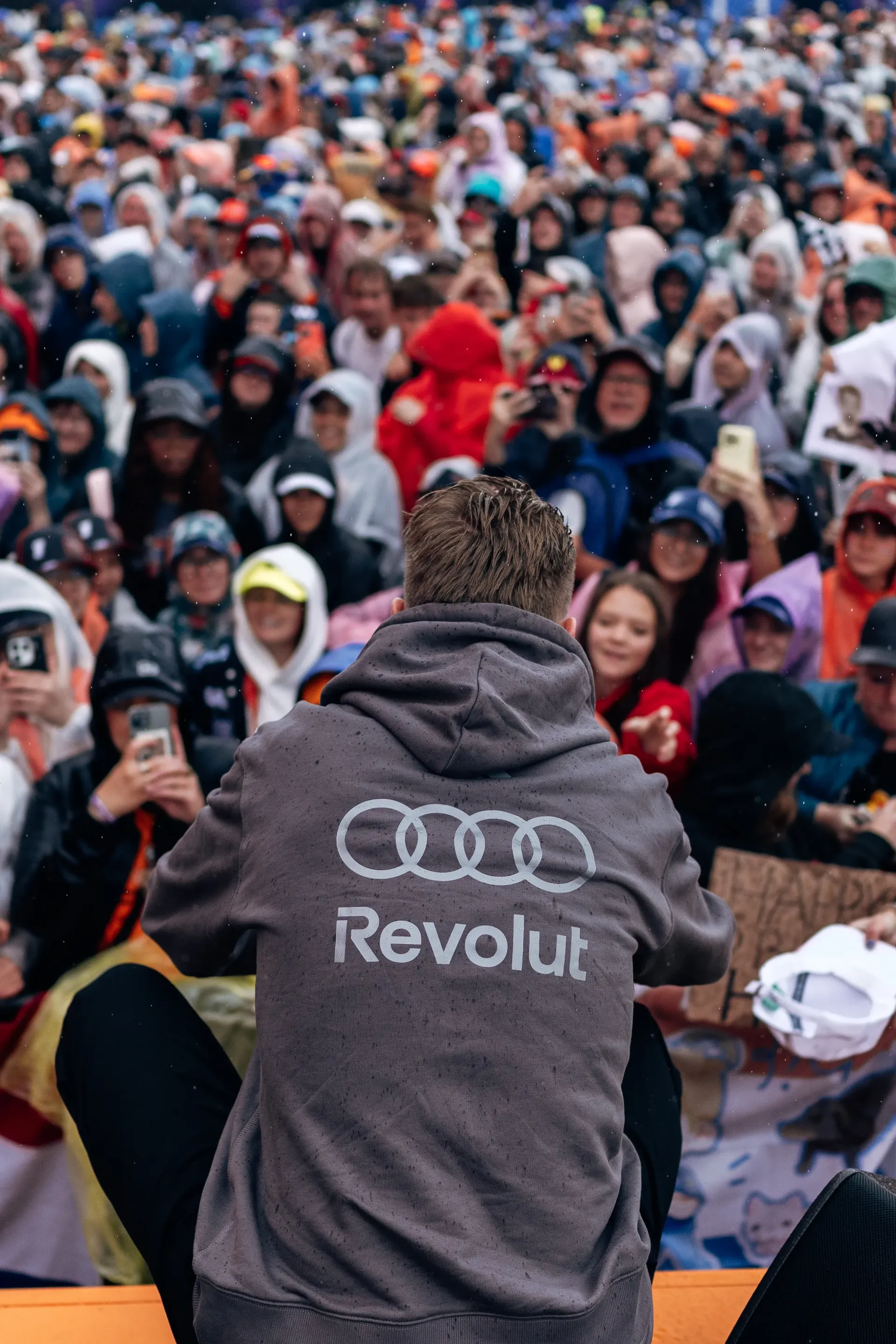 Audi Revolut F1 Team member on stage addressing thousands of supporters at Zandvoort Grand Prix