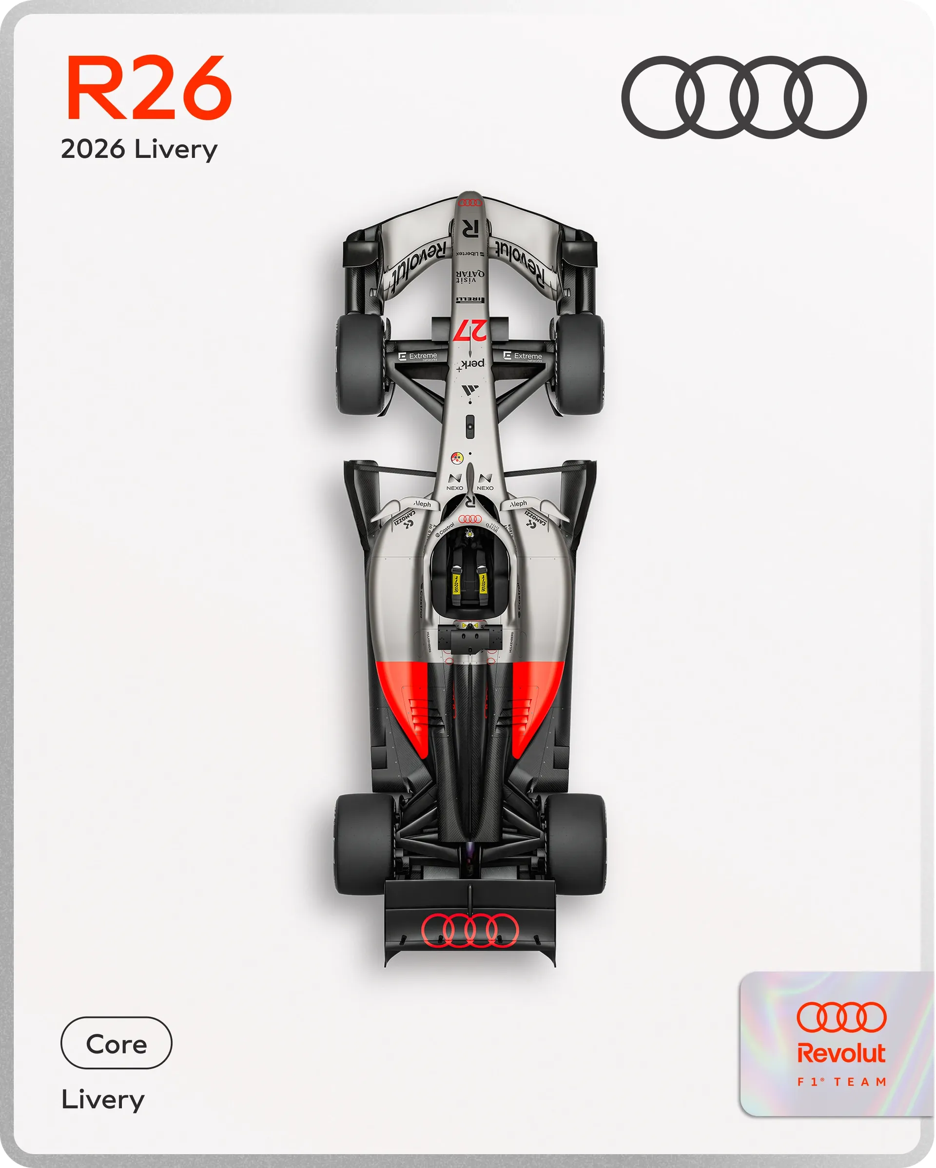 Audi Revolut F1® Team R26 2026 Core Livery Team Card: silver car with red sidepods, black carbon rear and red Audi ring.