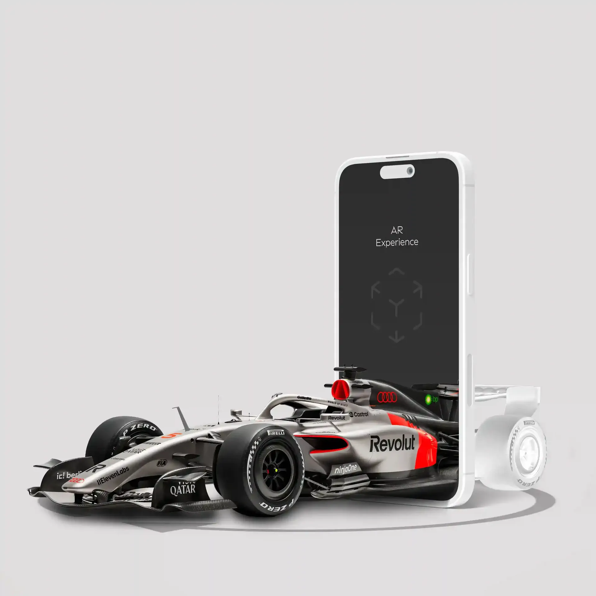 Phone showing AR experience with the Audi Revolut F1® Team R26 car, driving through an iPhone like its a portal