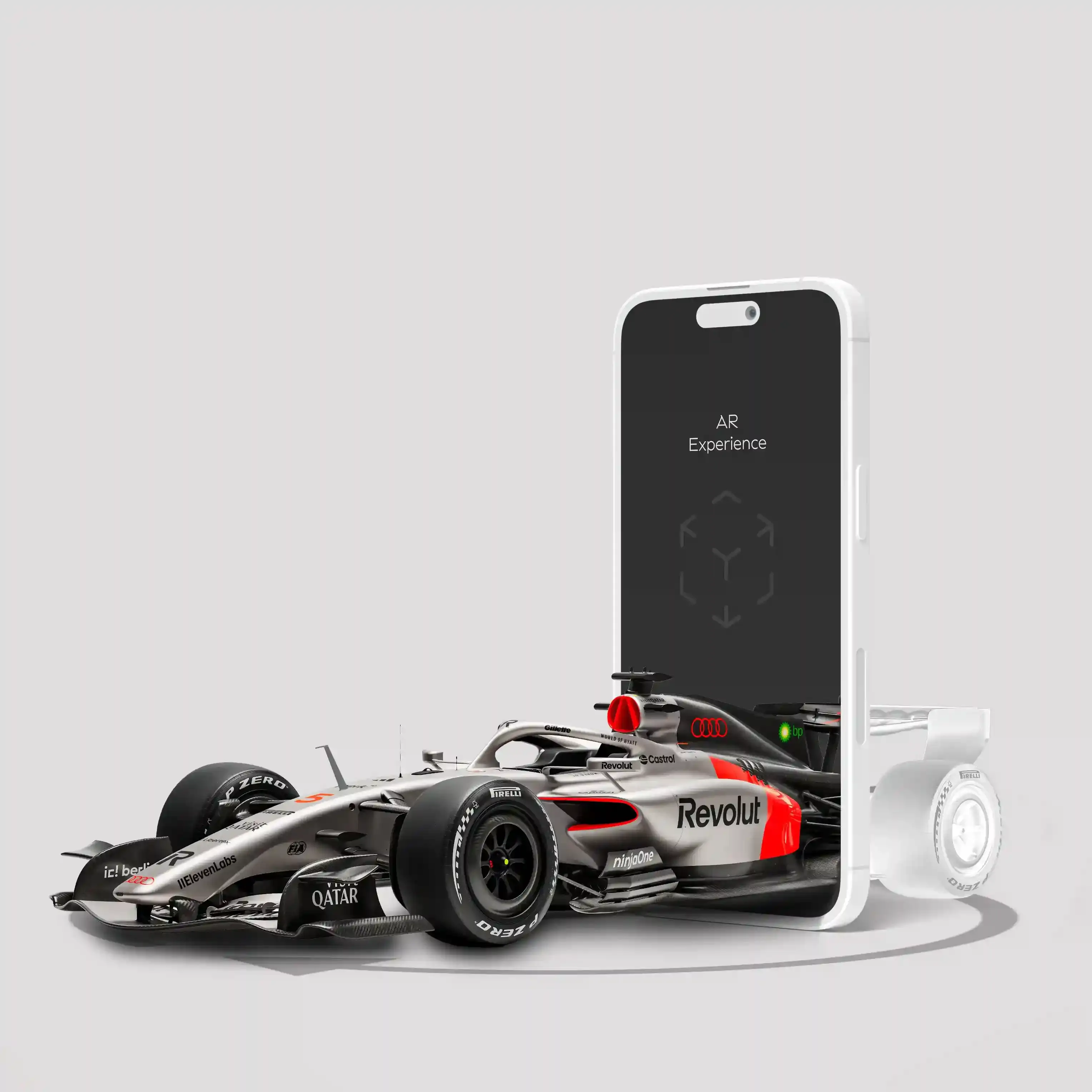 Phone showing AR experience with the Audi Revolut F1 Team R26 car