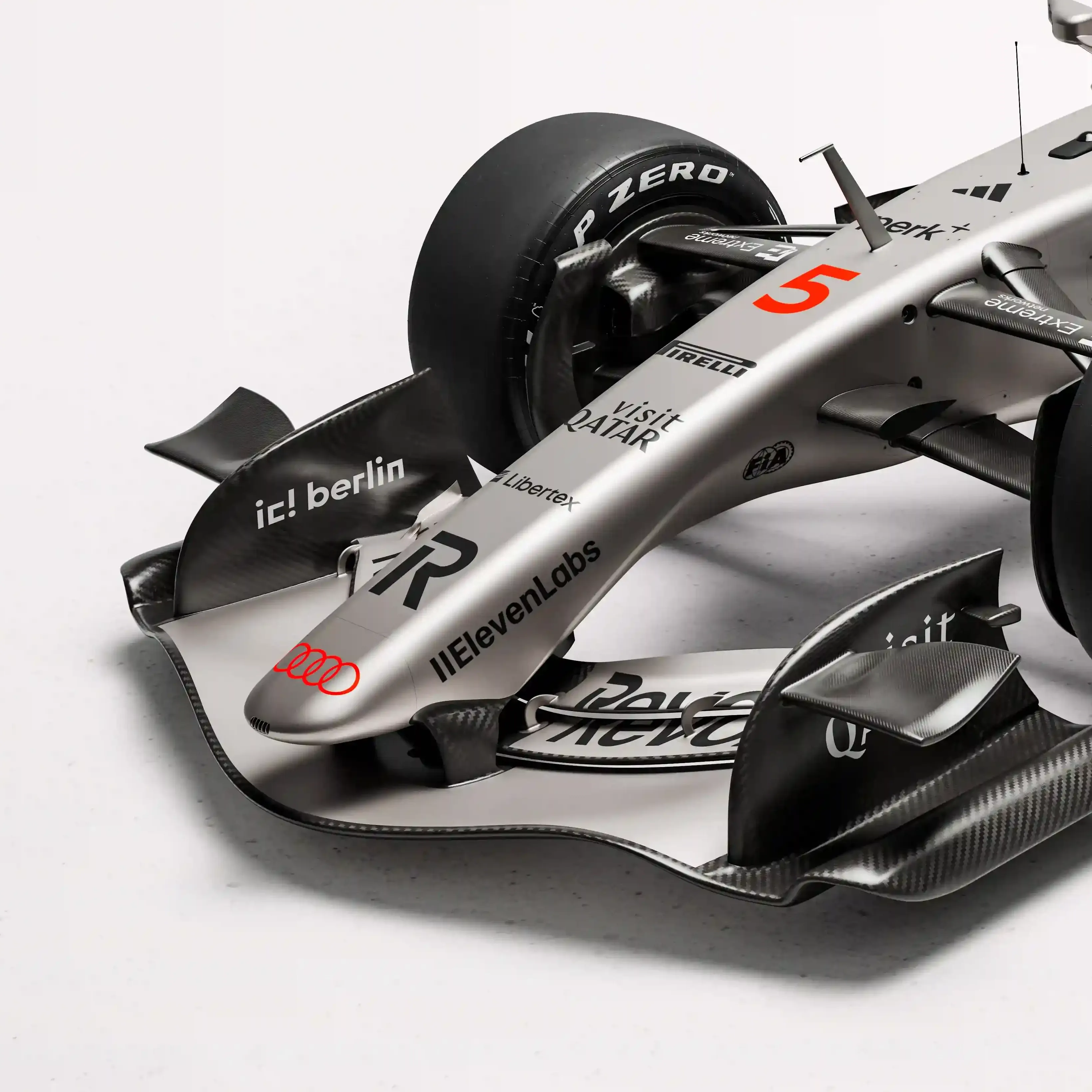 Front view of the Audi Revolute F1 Team R26 car in studio from above