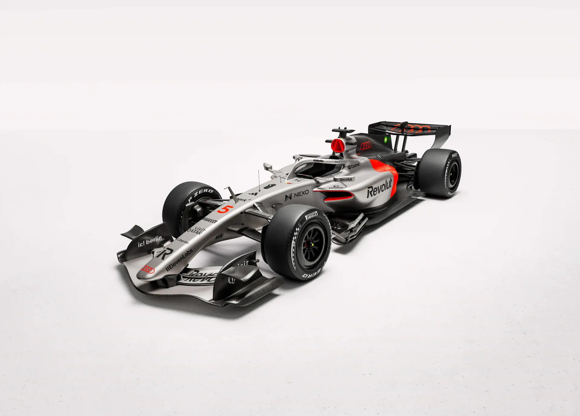 Three quarter-view of the Audi Revolut F1® Team R26 car in the studio