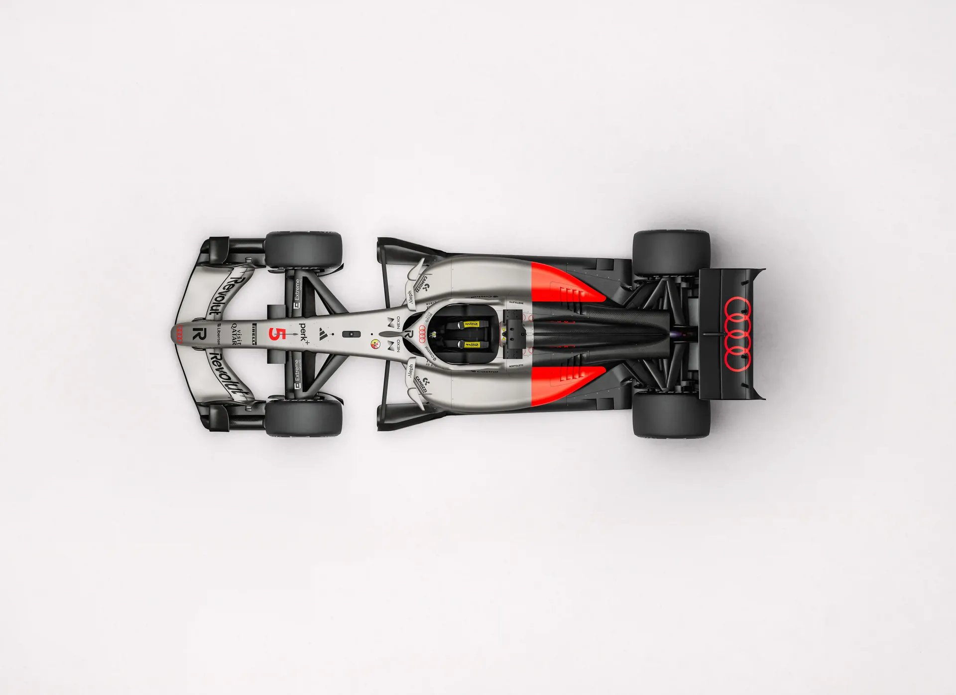 Birdview of the Audi Revolut F1® Team R26 car from above in the studio