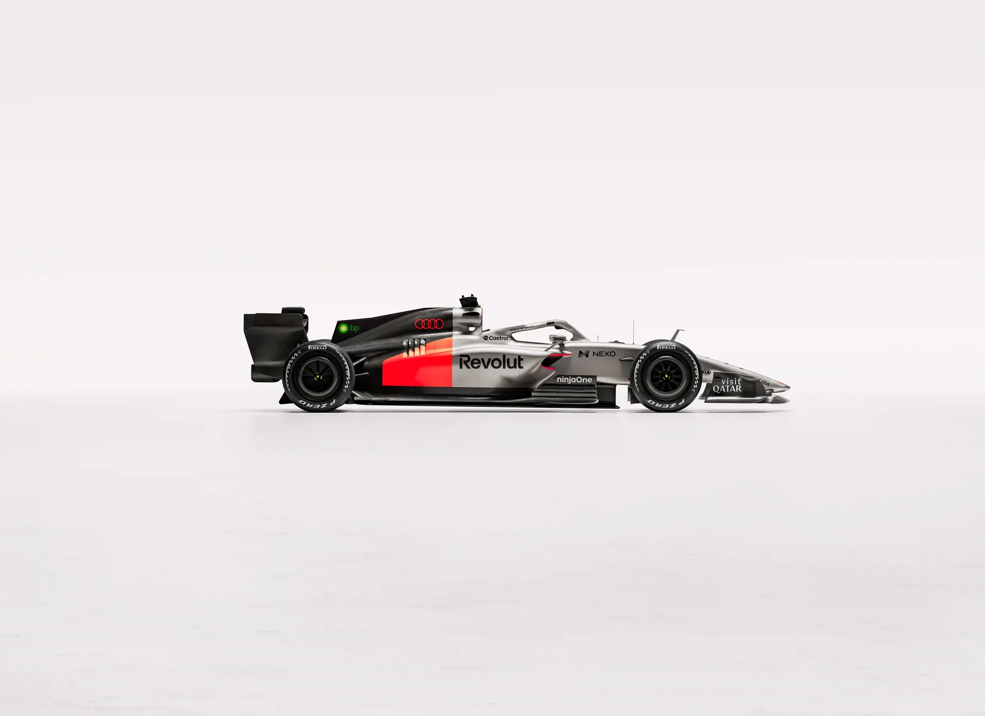 Side profile view of the Audi Revolut F1® Team R26 car in the studio