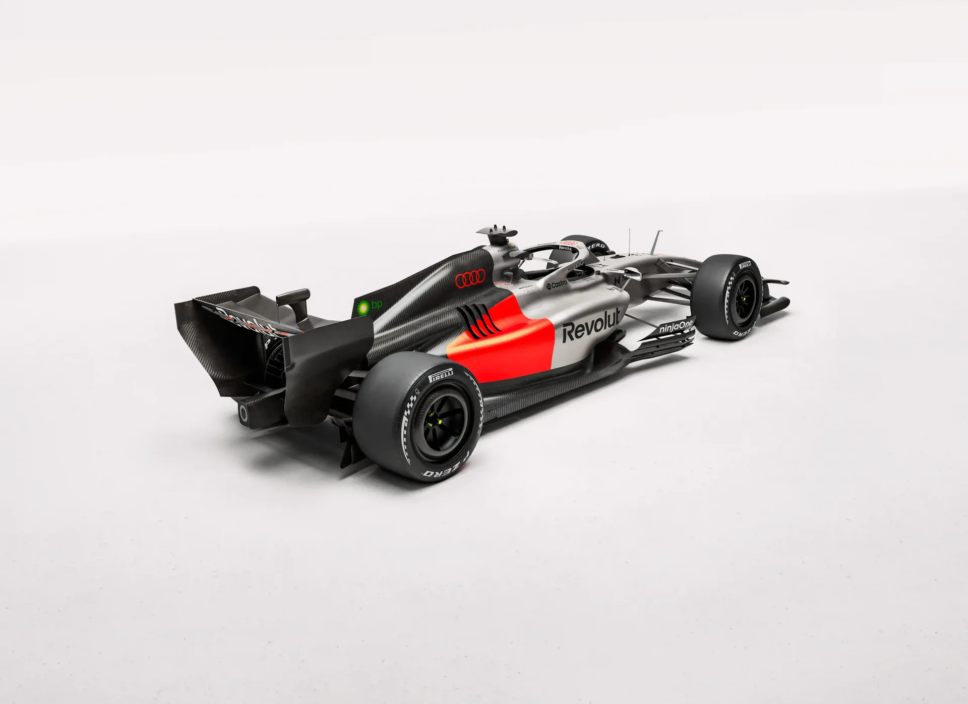Rear three-quarter view of the Audi Revolut F1® Team R26 car in the studio