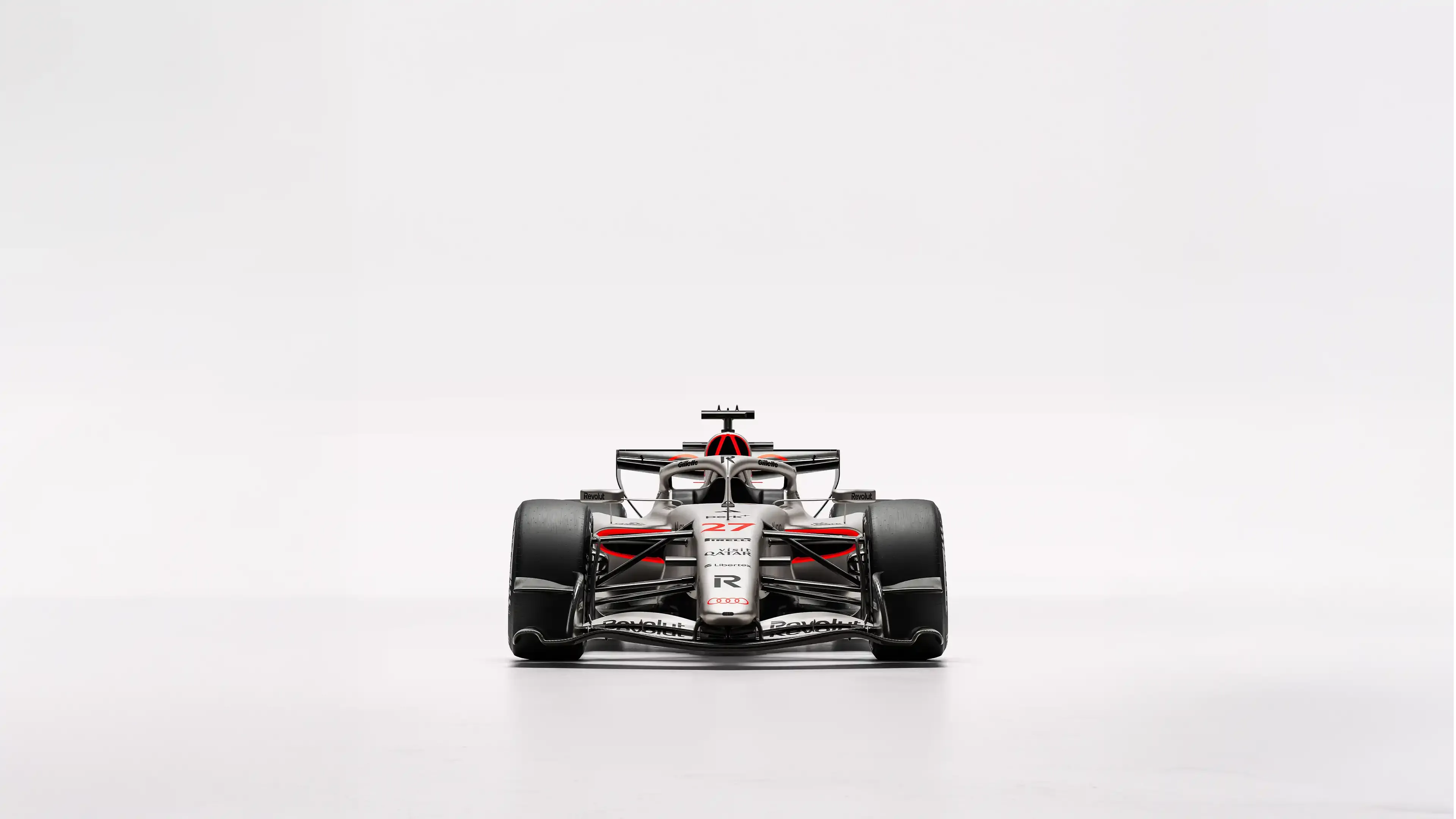 Frontal hero view of the Audi Revolute F1 Team R26 car in studio