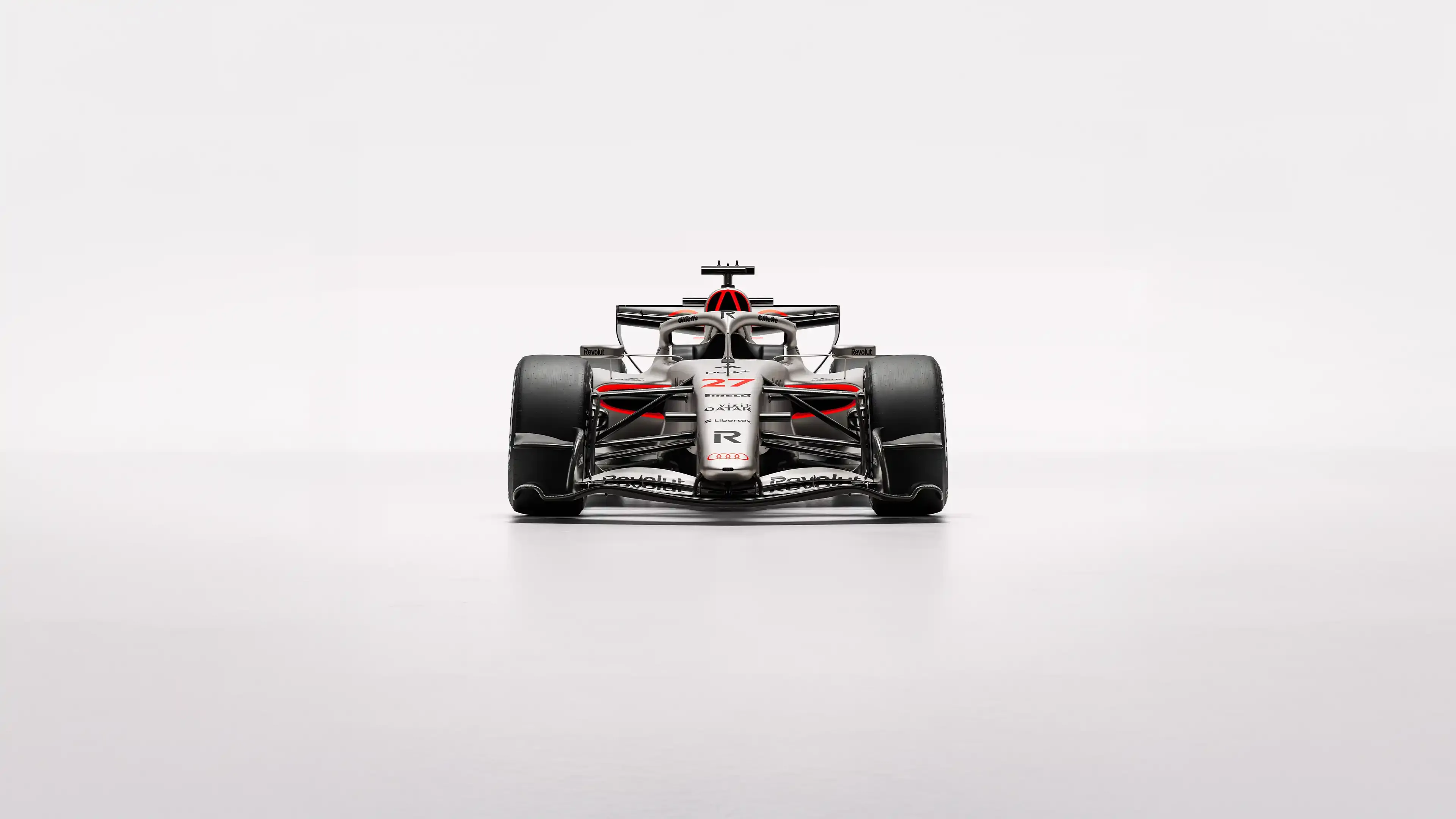 Frontal hero view of the Audi Revolute F1 Team R26 car in studio