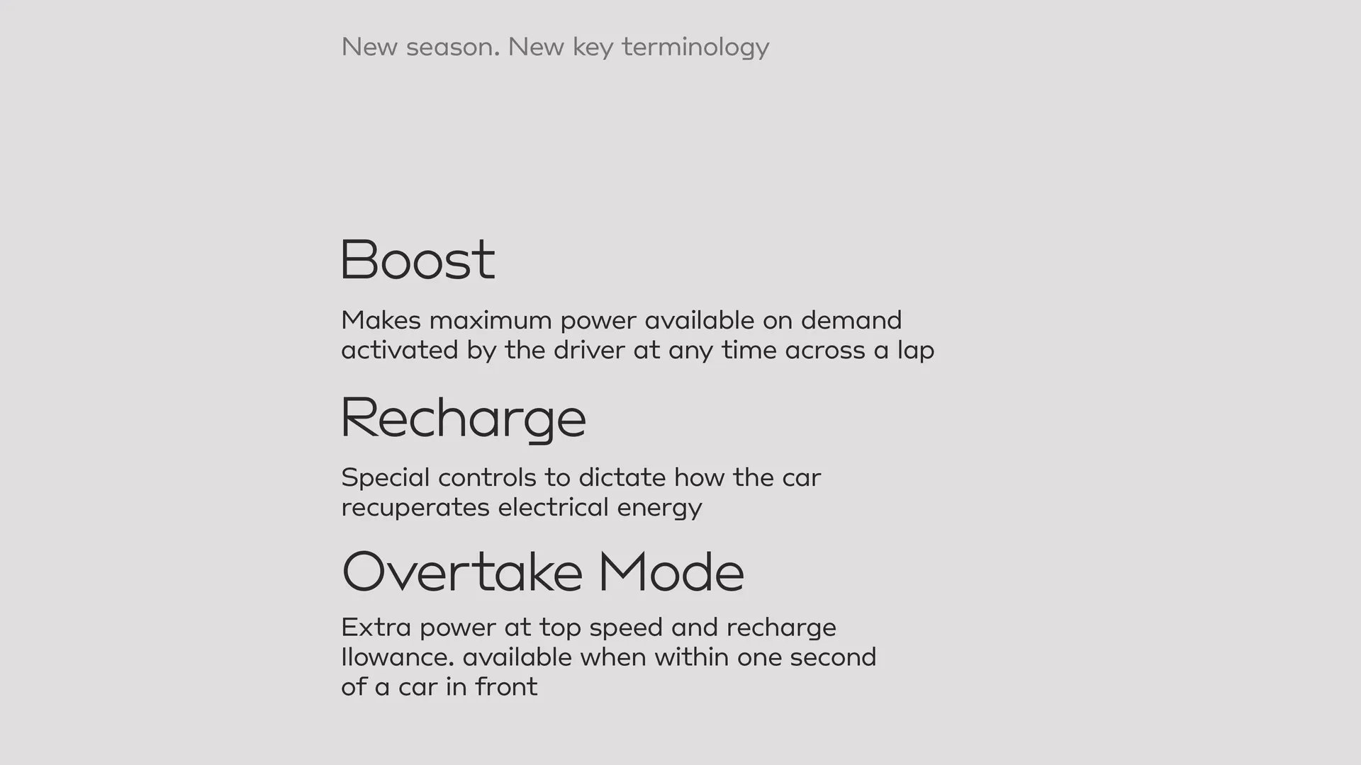 Explanation of the new key terminology - Boost, recharge and Overtake Mode