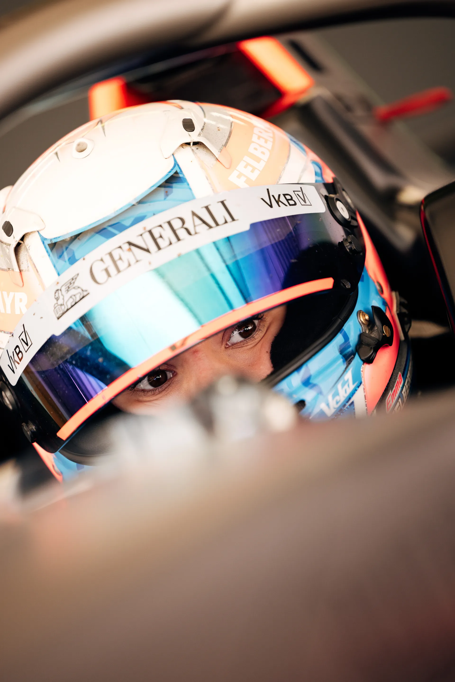 Close up of Emma Felbermayr helmet in cockpit of the Audi Revolut F1® Team Academy car number 5