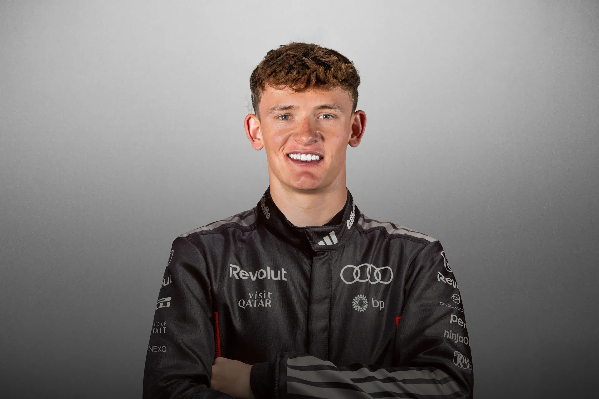 Portrait of Eddie Slater, F3 driver at the Audi Revolut F1®Team Academy driver development programme in the studio