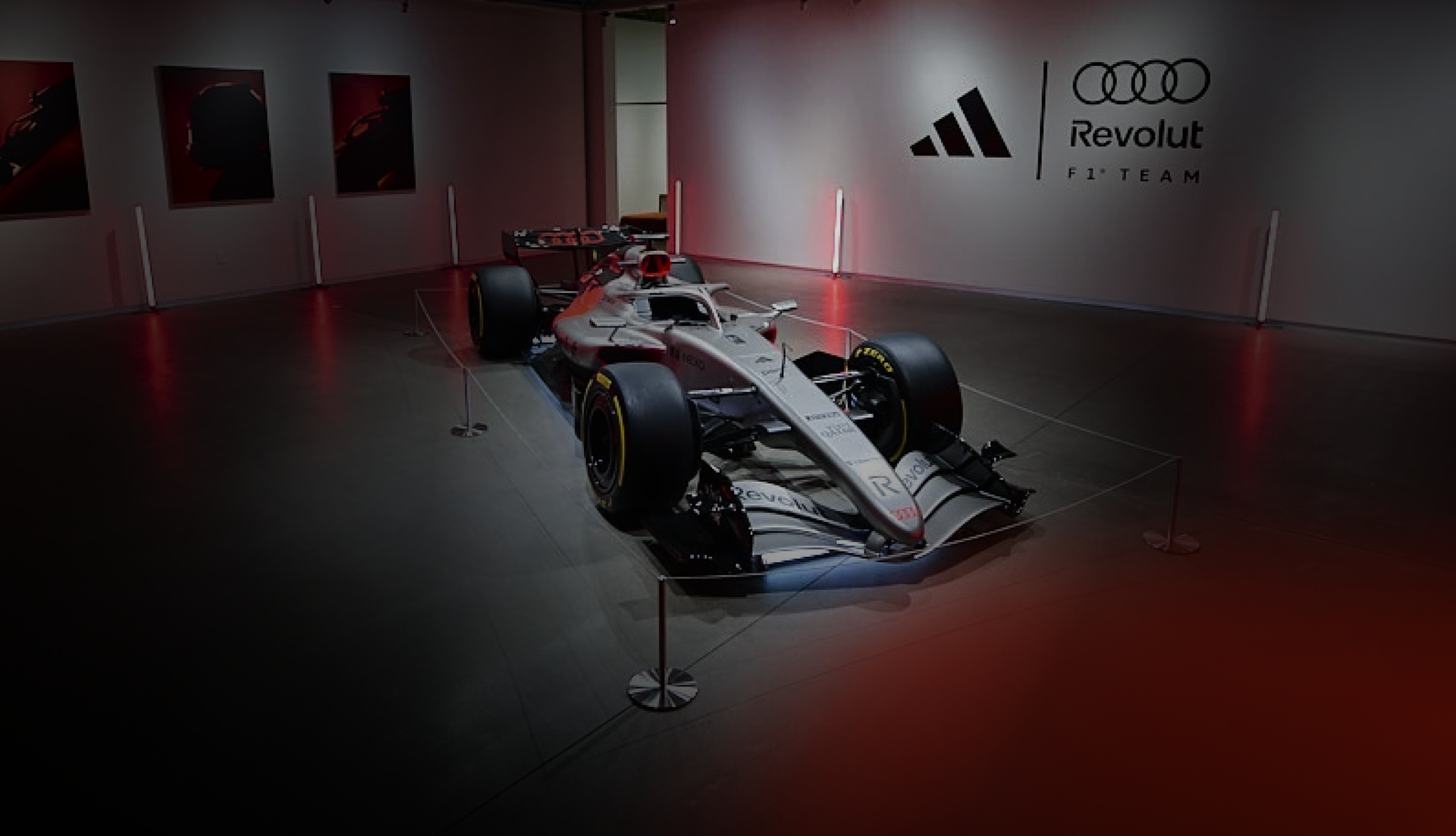Front sideview of Audi Revolut F1® Team car R26 at Super Bowl LX event, San Francisco
