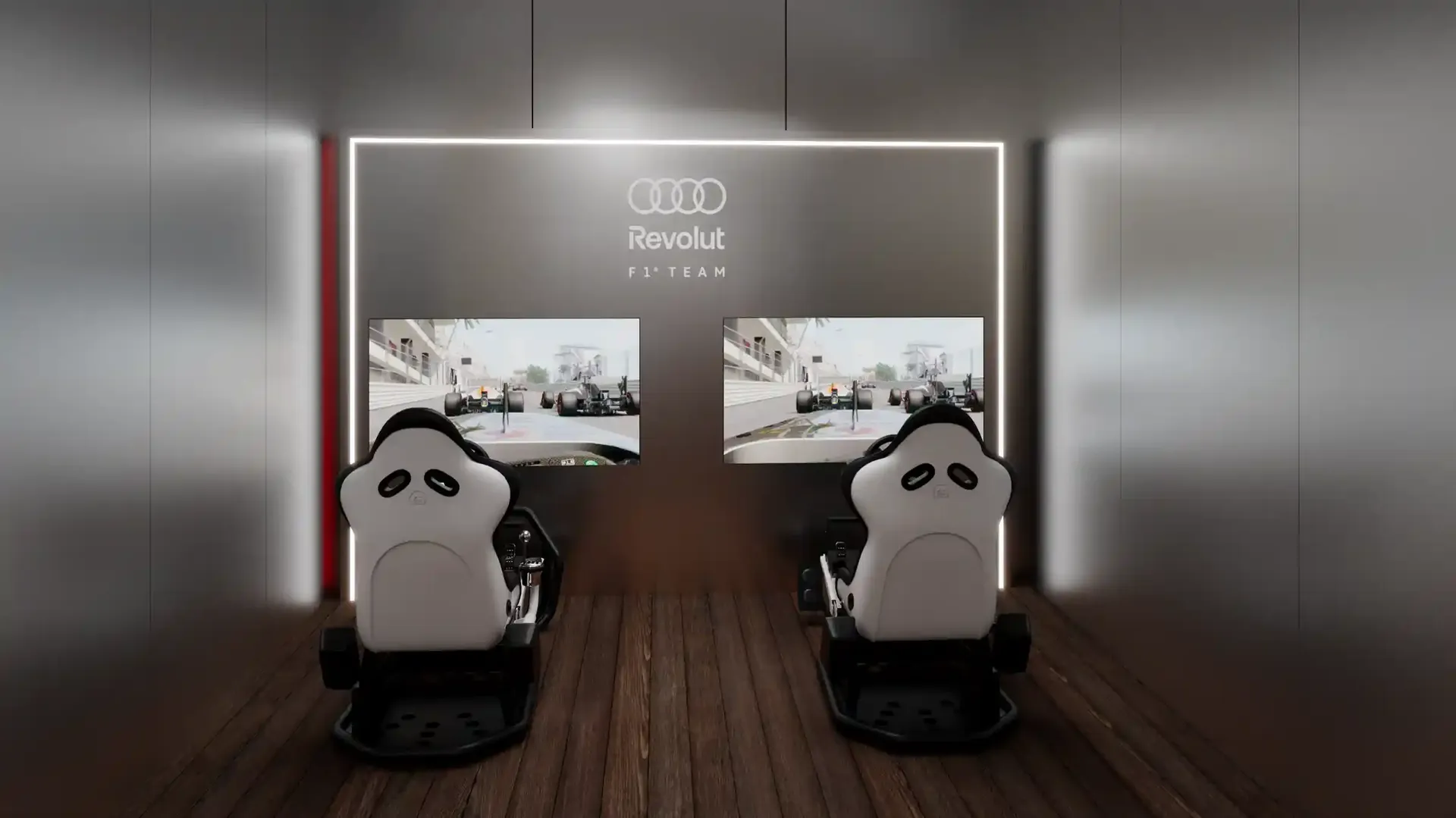 Audi Revolut F1® Team Simulations, two racingchairs side by side in a moder simolation room with wooden floor