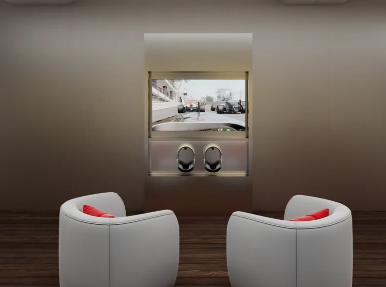 Two modern chairs side by side in front of a Monitor screen showing insights of the Formula 1 racing track, underneath the monitor 2 apple Vision Pro glasses vor AR deep dive