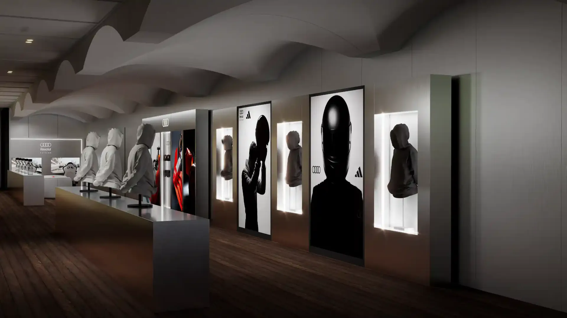 Inside a gallery with big portraits and real life manequins with adidas fashion and team wear showing the adidas team collection