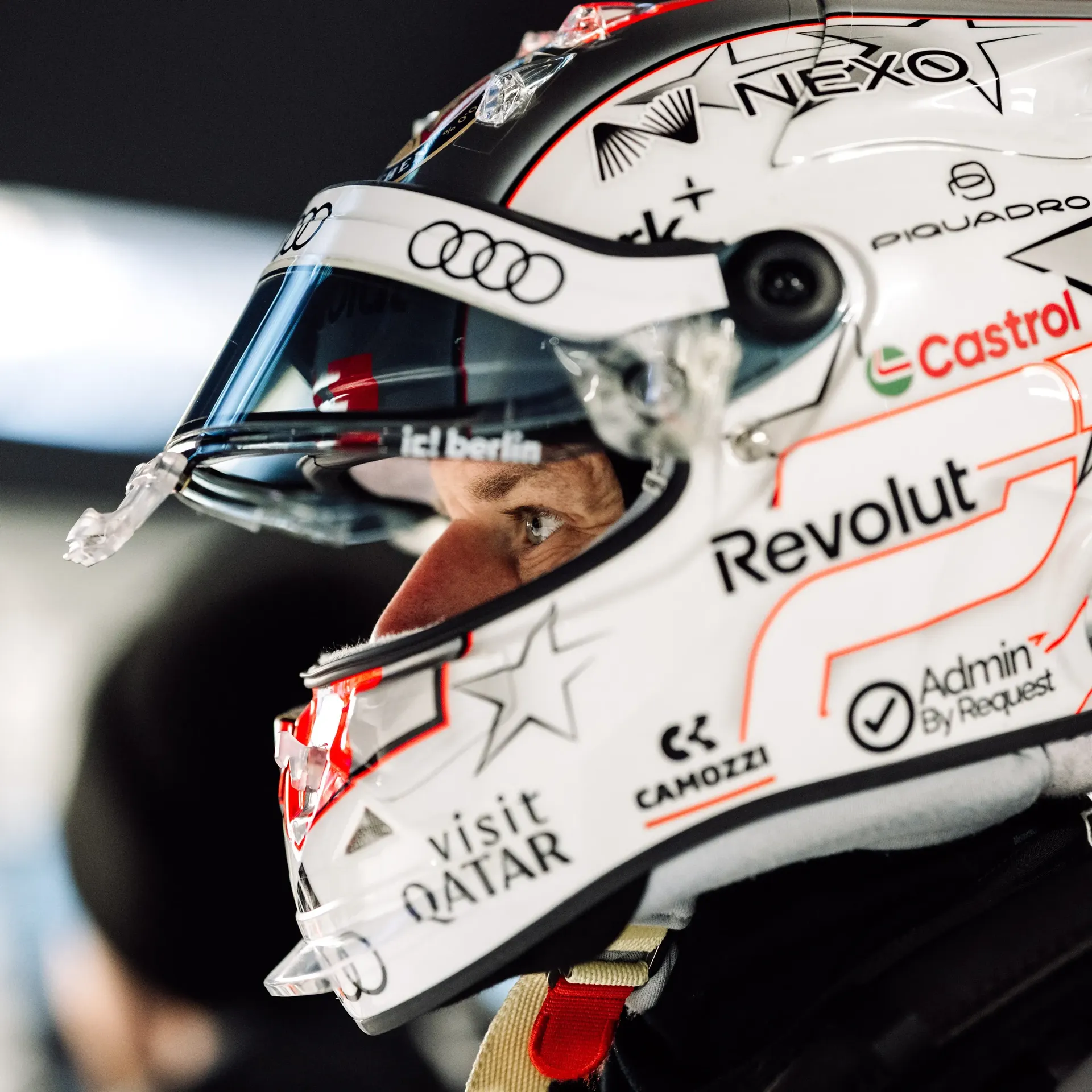 Close up of the Audi Revolut F1® Team driver Nico Hulkenbergs helmet, detailed Logos