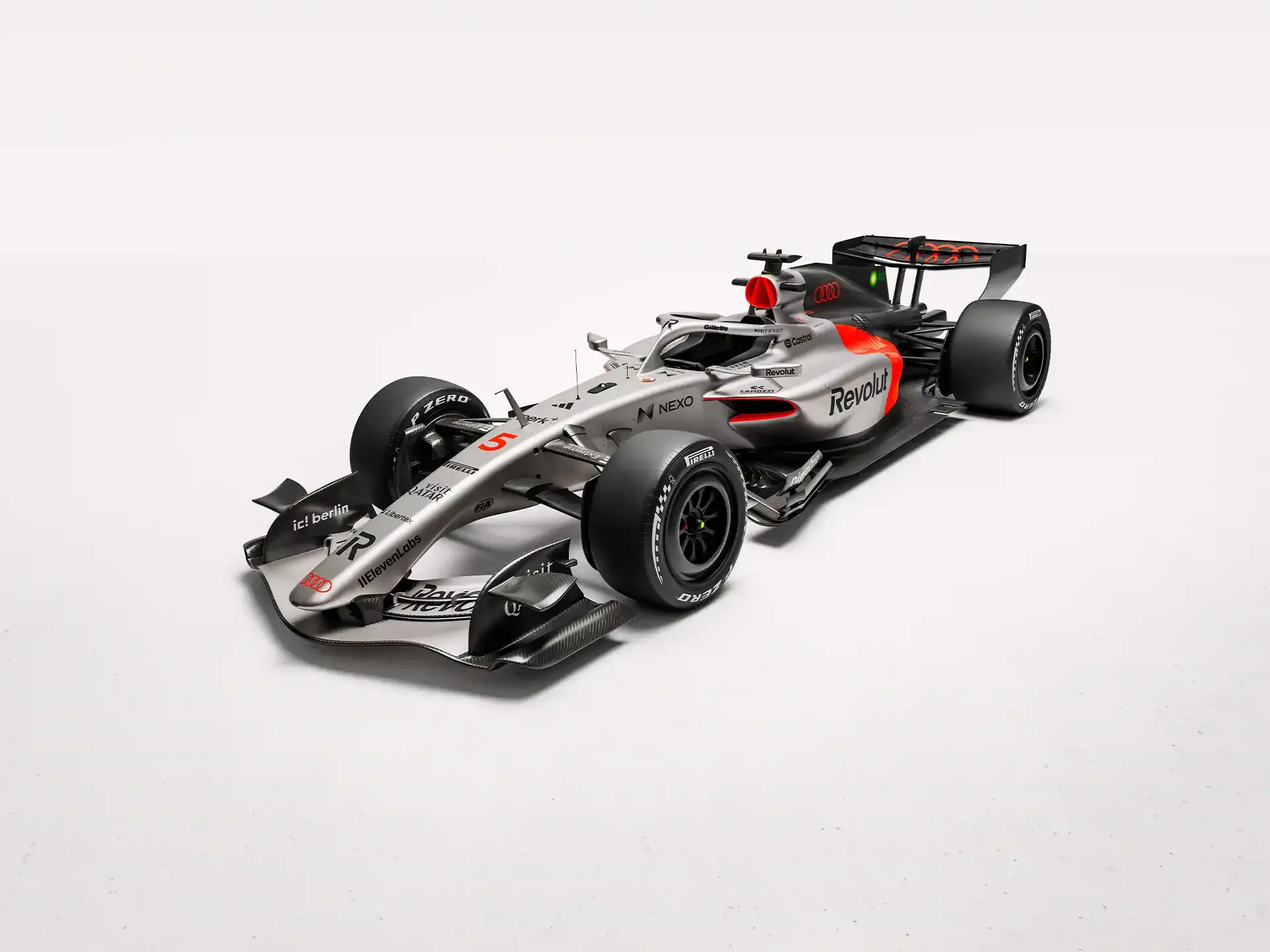 Front view of the Audi Revolut F1® Team car number 5, Gabriel Bortoleto in the studio
