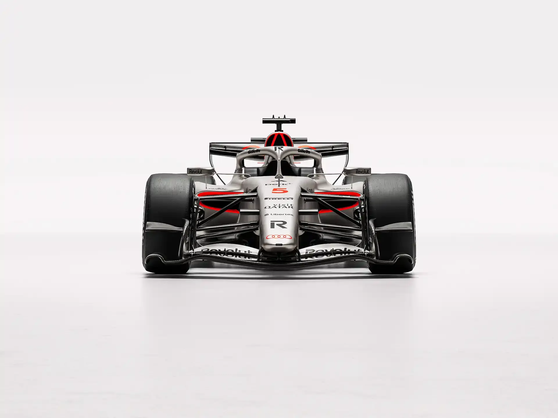 Front view of the Audi Revolut F1® Team car number 5, Gabriel Bortoleto in the studio