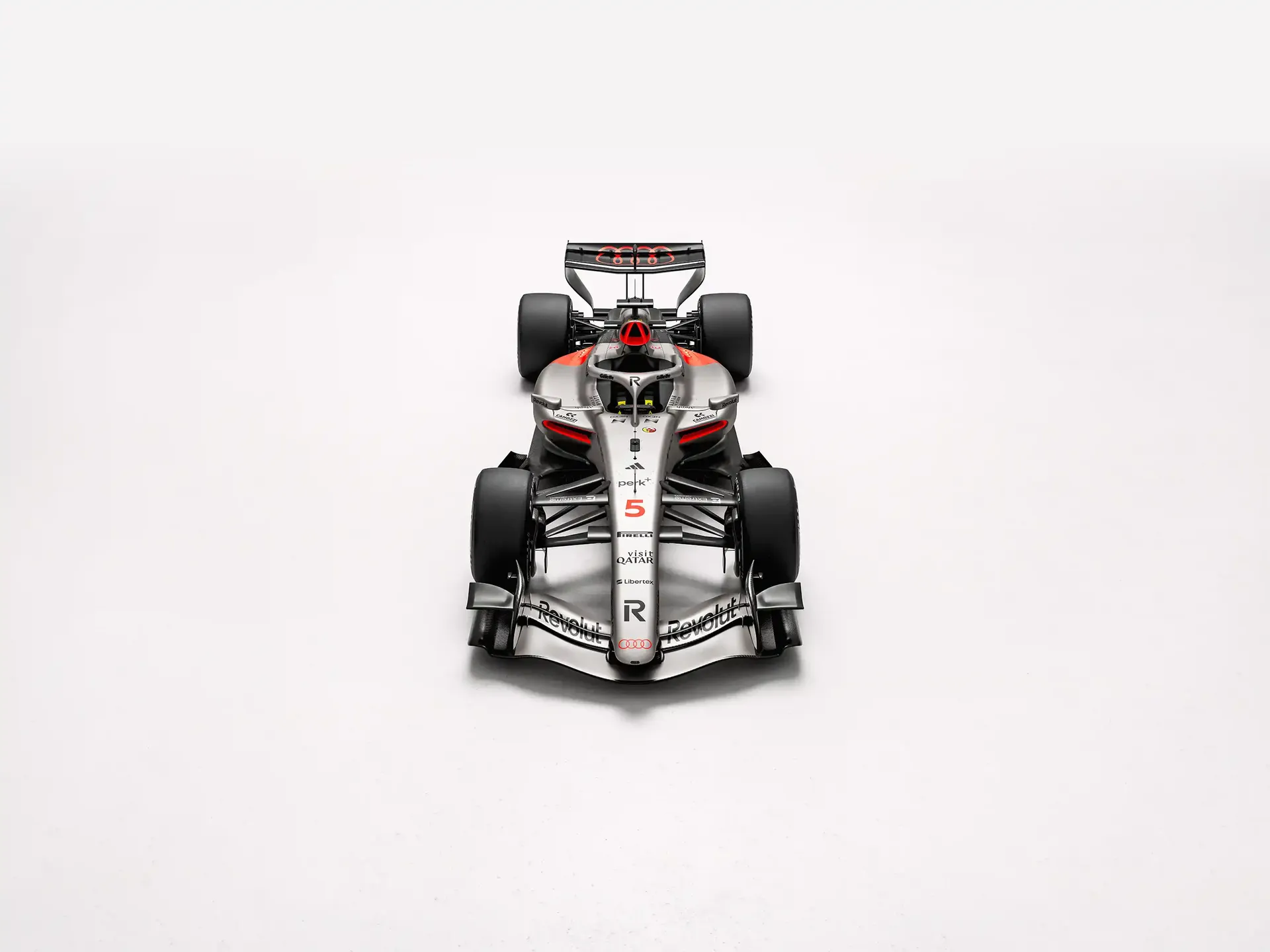Top view front of the Audi Revolut F1® Team car number 5, Gabriel Bortoleto, in the Studio