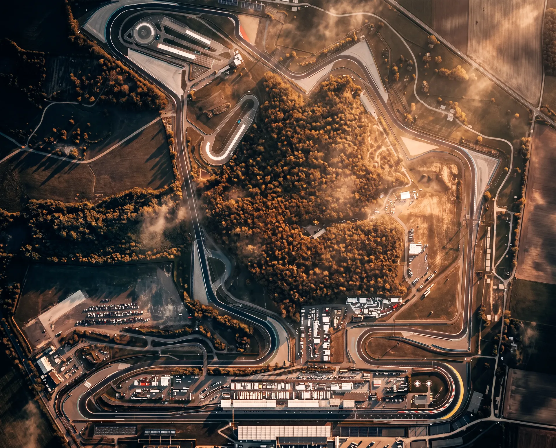 Aerial view of the Hungaroring circuit layout at golden hour ahead of the Audi Revolut F1® Team Hungarian Grand Prix