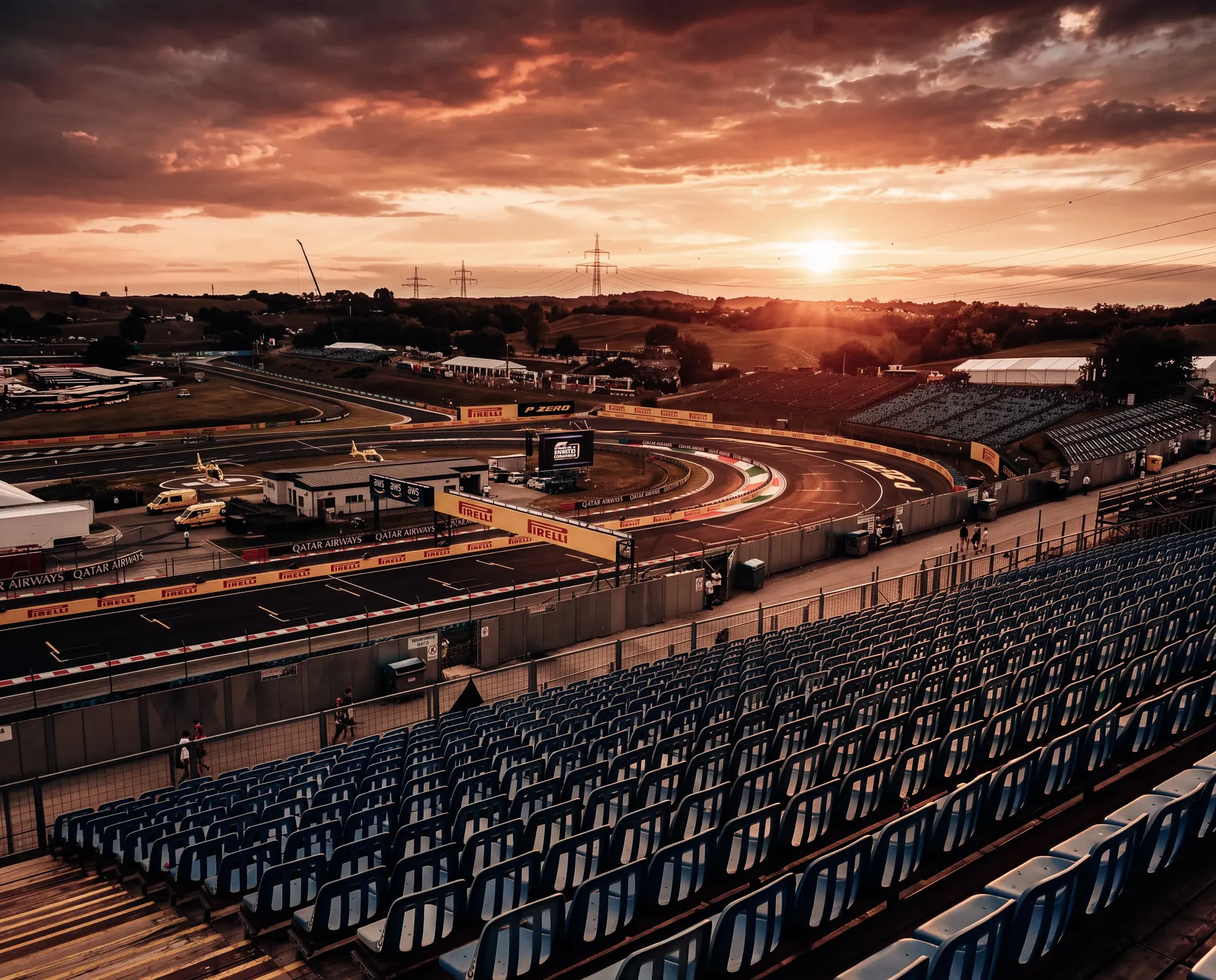 Empty grandstand overlooking a Hungaroring corner at sunset before the Audi Revolut F1® Team Hungarian Grand Prix