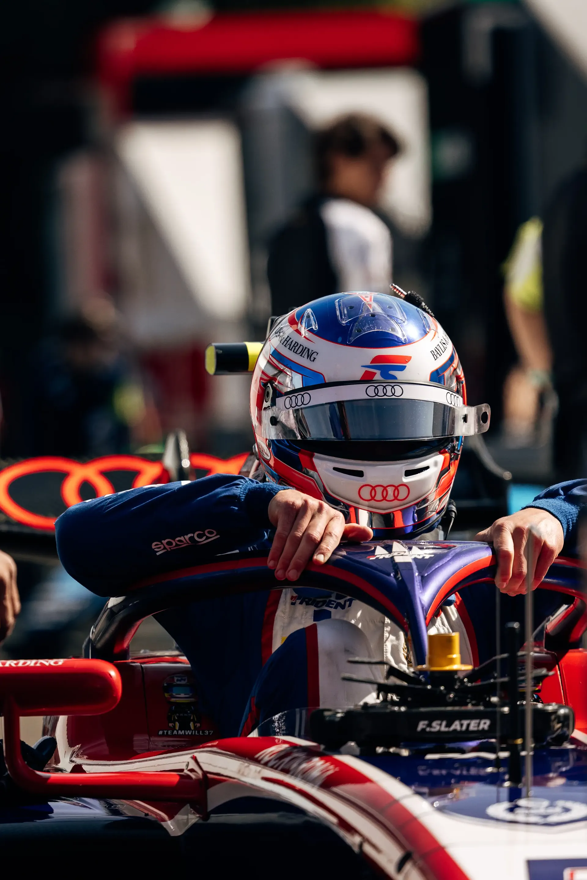 Audi Revolut F1® Team Academy driver Freddie Slater sits in his FIA Formula 3 car before leaving the pit lane at the Hungaroring.