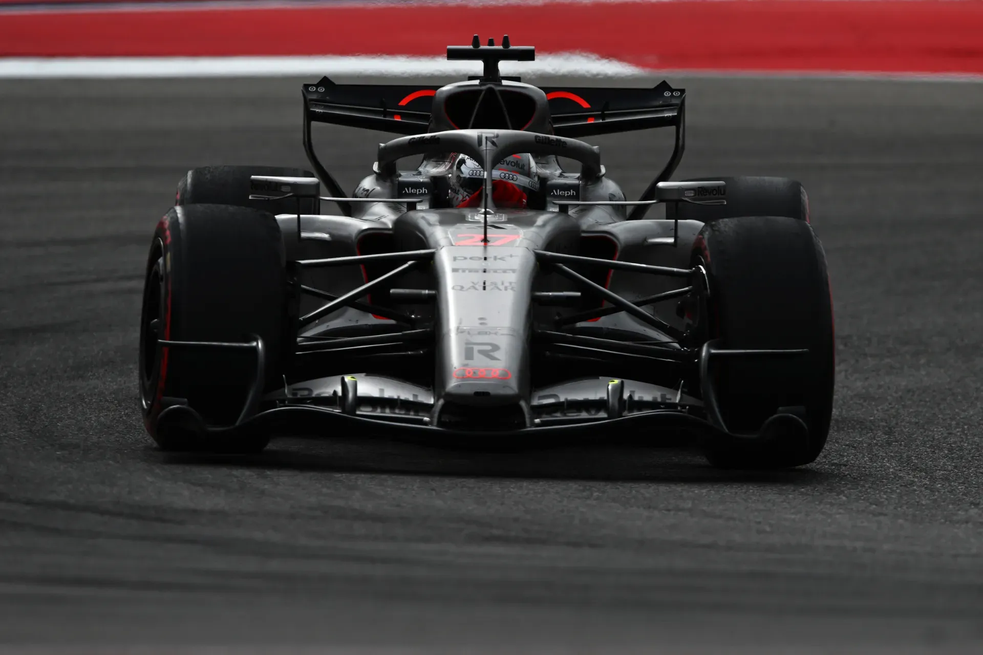 Nico Hulkenberg in car 27 of the Audi Revolut F1® Team on track in Austin, seen head-on