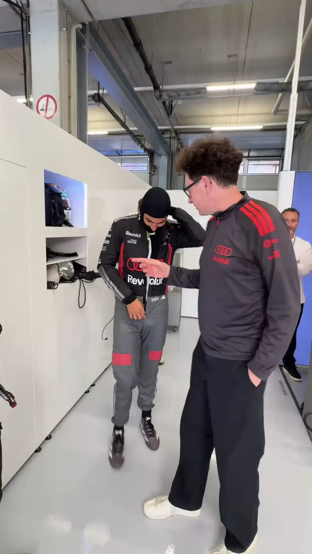Nico Hulkenberg and Gabriel Bortoleto drivers at the Audi Revolut F1® Team inside the garage at the Austrian Grand Prix 2026