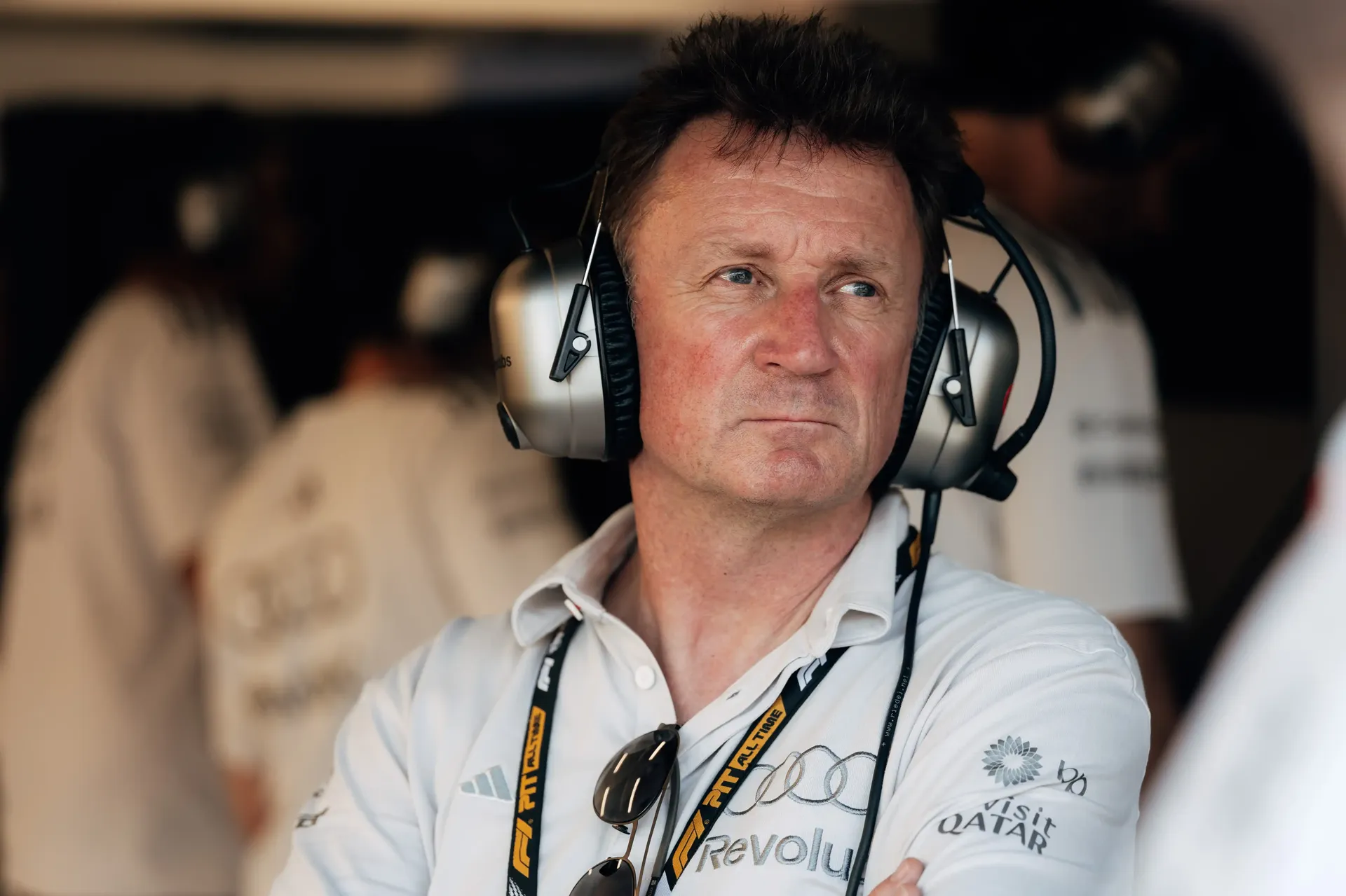 Close Up of Allan McNish driving director at the Audi Revolut F1® Team inside the garage at the Austrian Grand Prix 2026