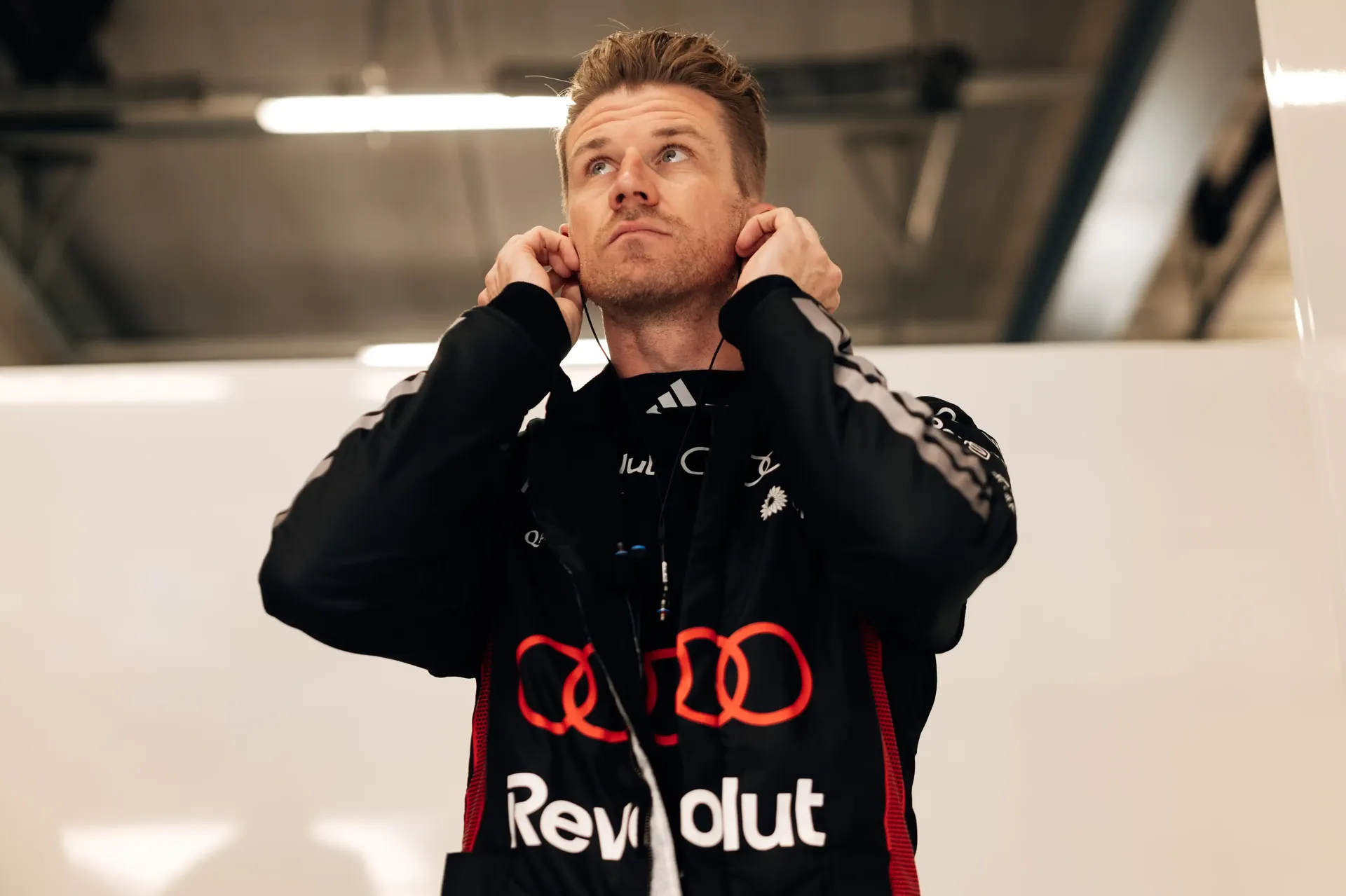 Close Up of Nico Hulkenberg driver at the Audi Revolut F1® Team inside the garage at the Austrian Grand Prix 2026