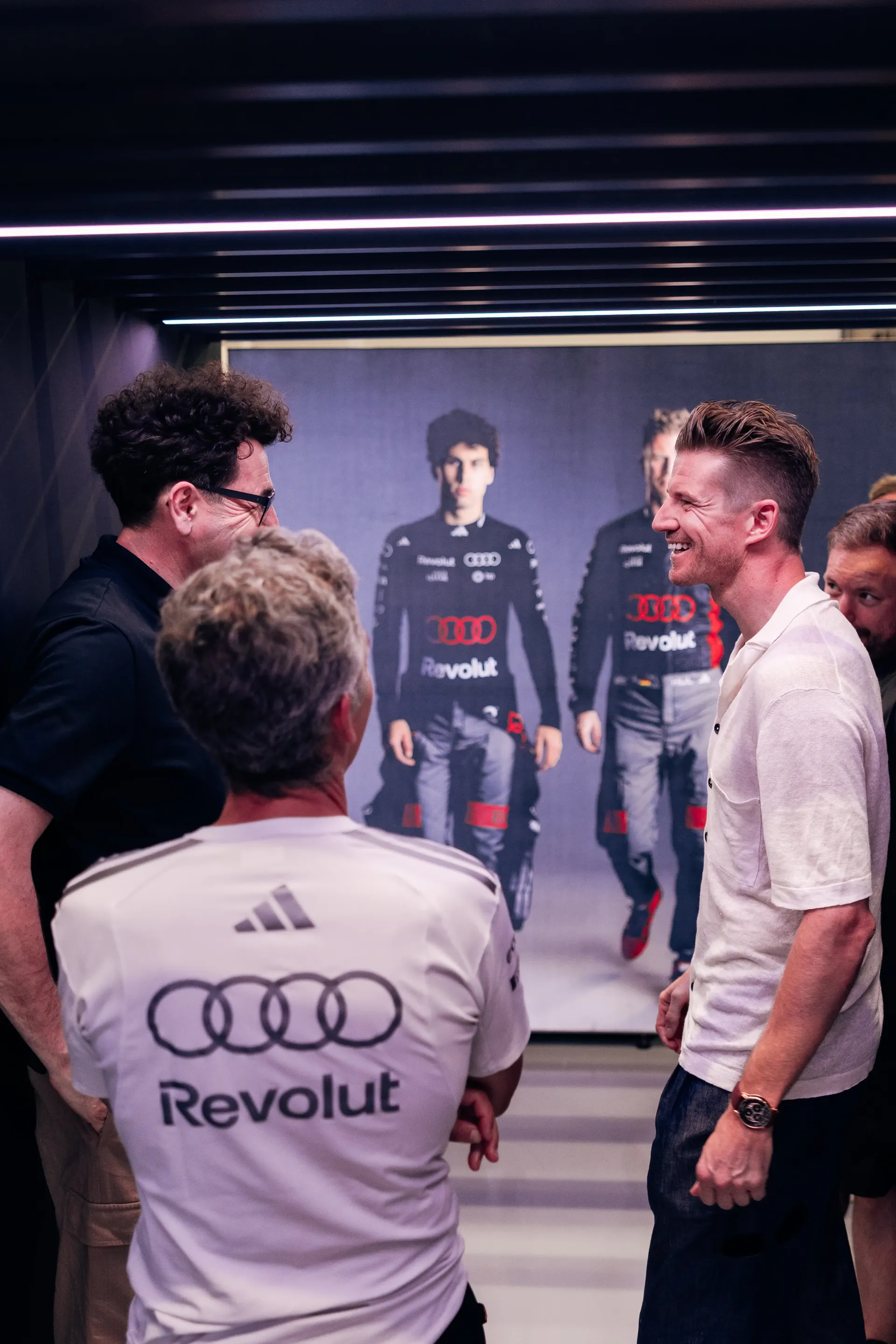 Audi Revolut F1® Team driver Nico Hulkenberg, team principal Mattia Binotto and engineers gather inside the garage ahead of the Formula 1® Austrian Grand Prix at the Red Bull Ring.