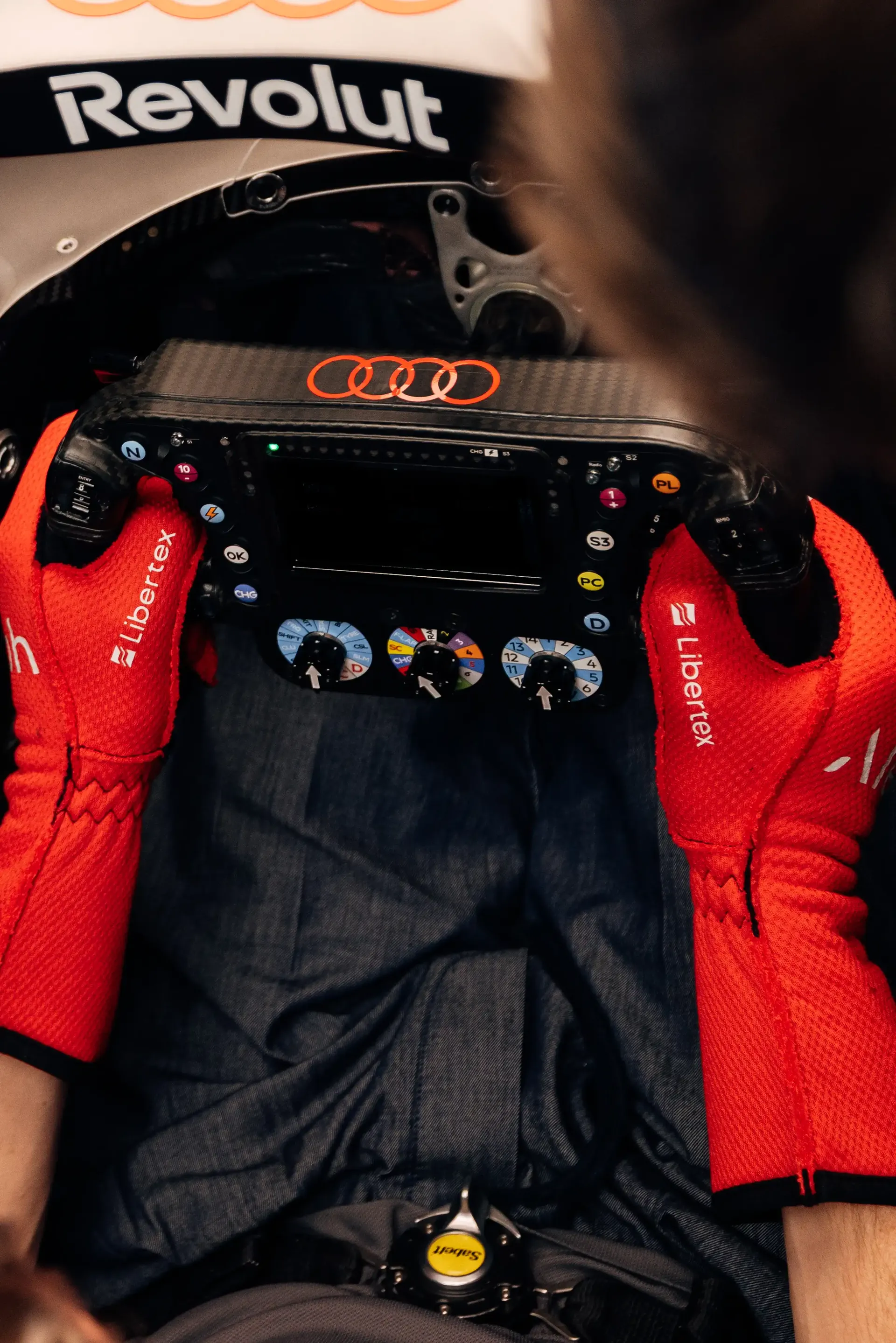 Cockpit close up of the Audi Revolut F1® Team car Audi R26 steering wheel