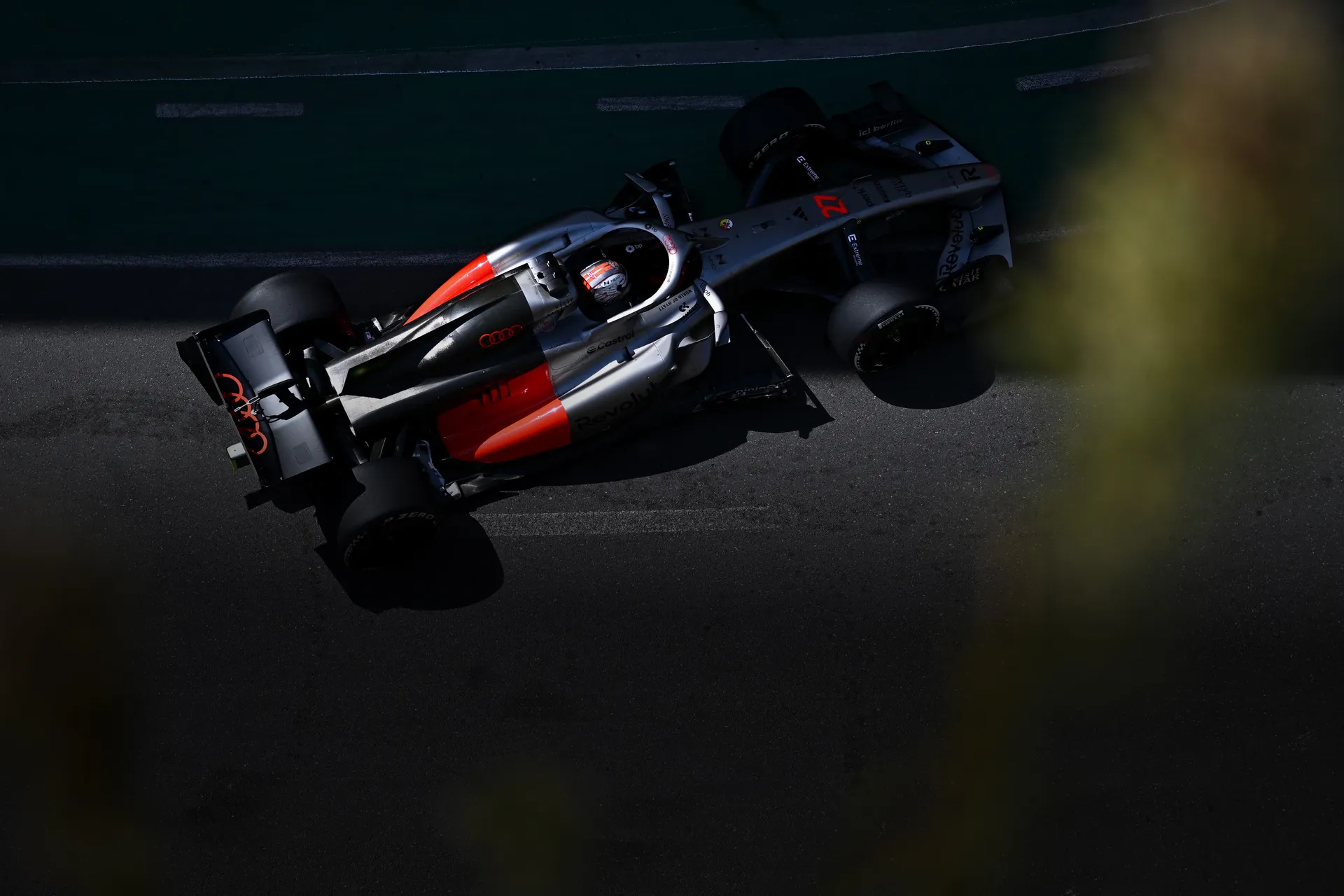 Top shot of the Audi Revolut F1® Team car R26 on the race track at the Azerbaijan Grand Prix 2026