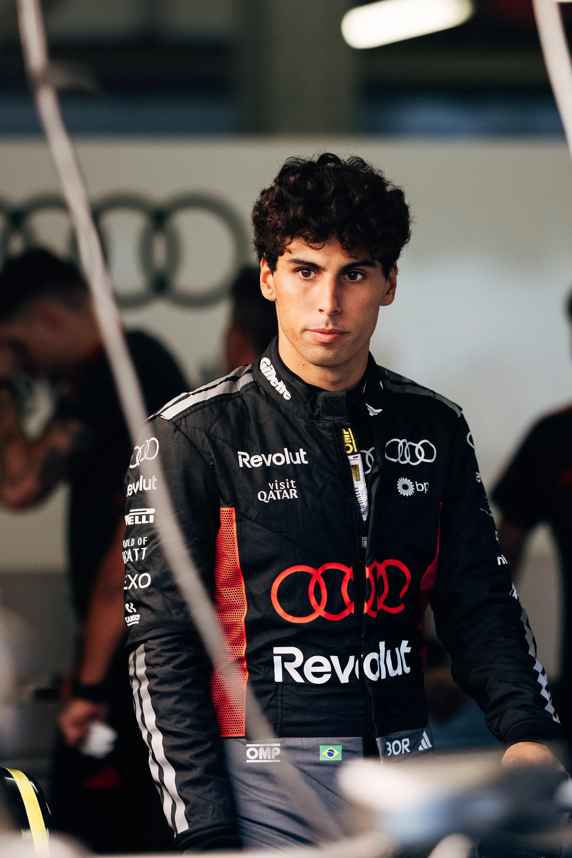 Close up of Audi Revolut F1® Team driver Gabriel Bortoleto inside the garage