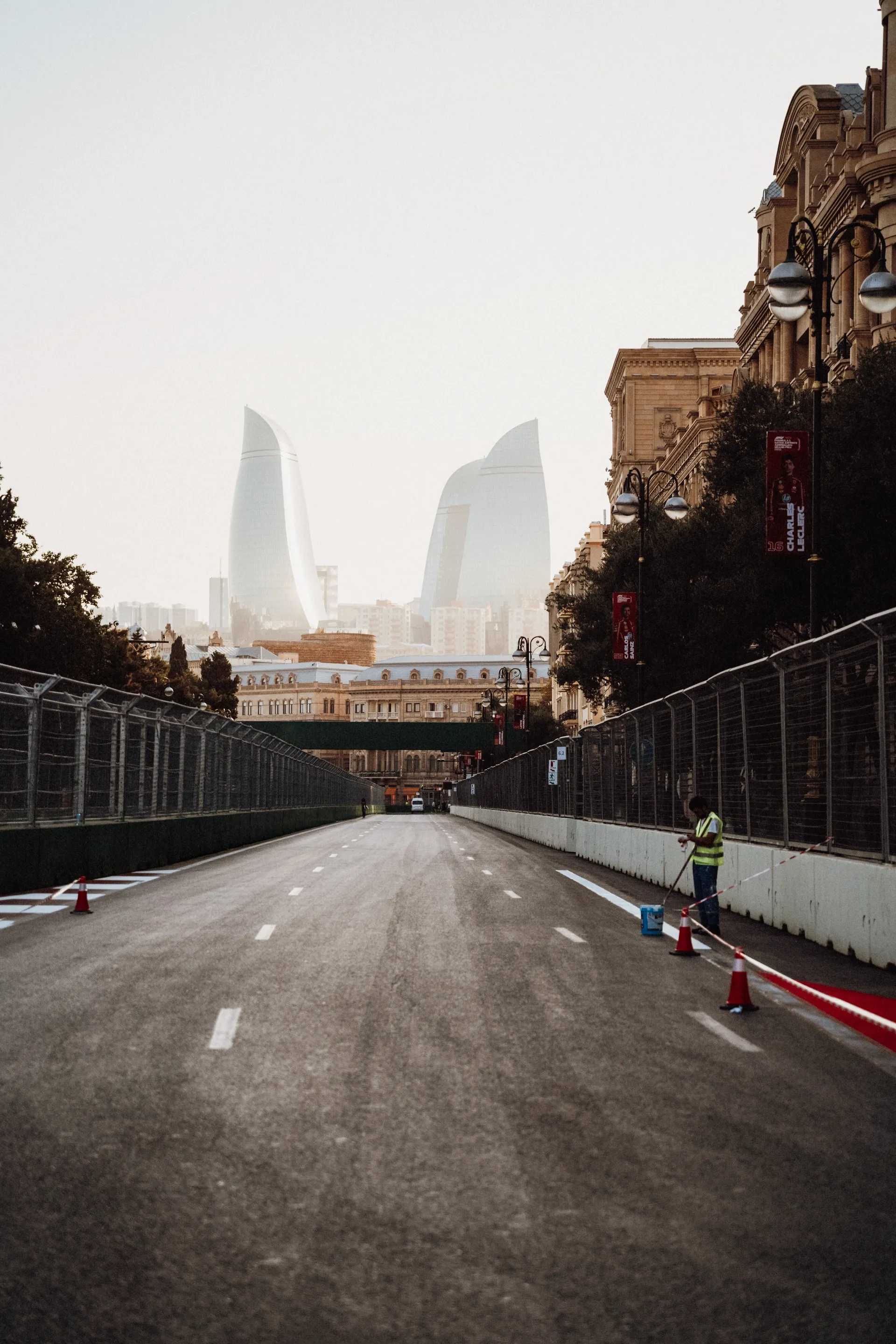 Baku City Circuit straight with Baku skyline in the background