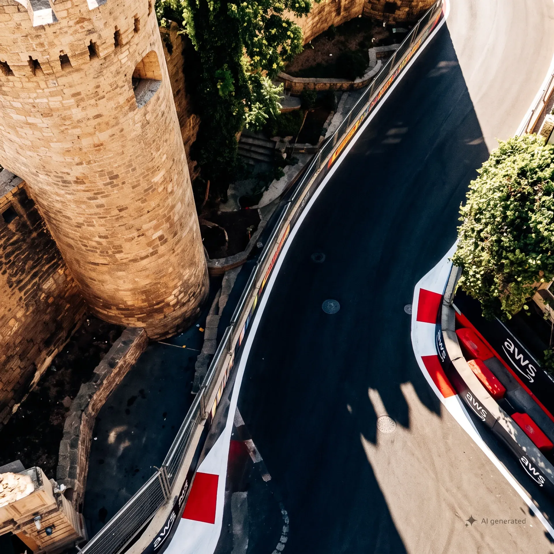 Aerial view of the Baku City Circuit winding around the city walls