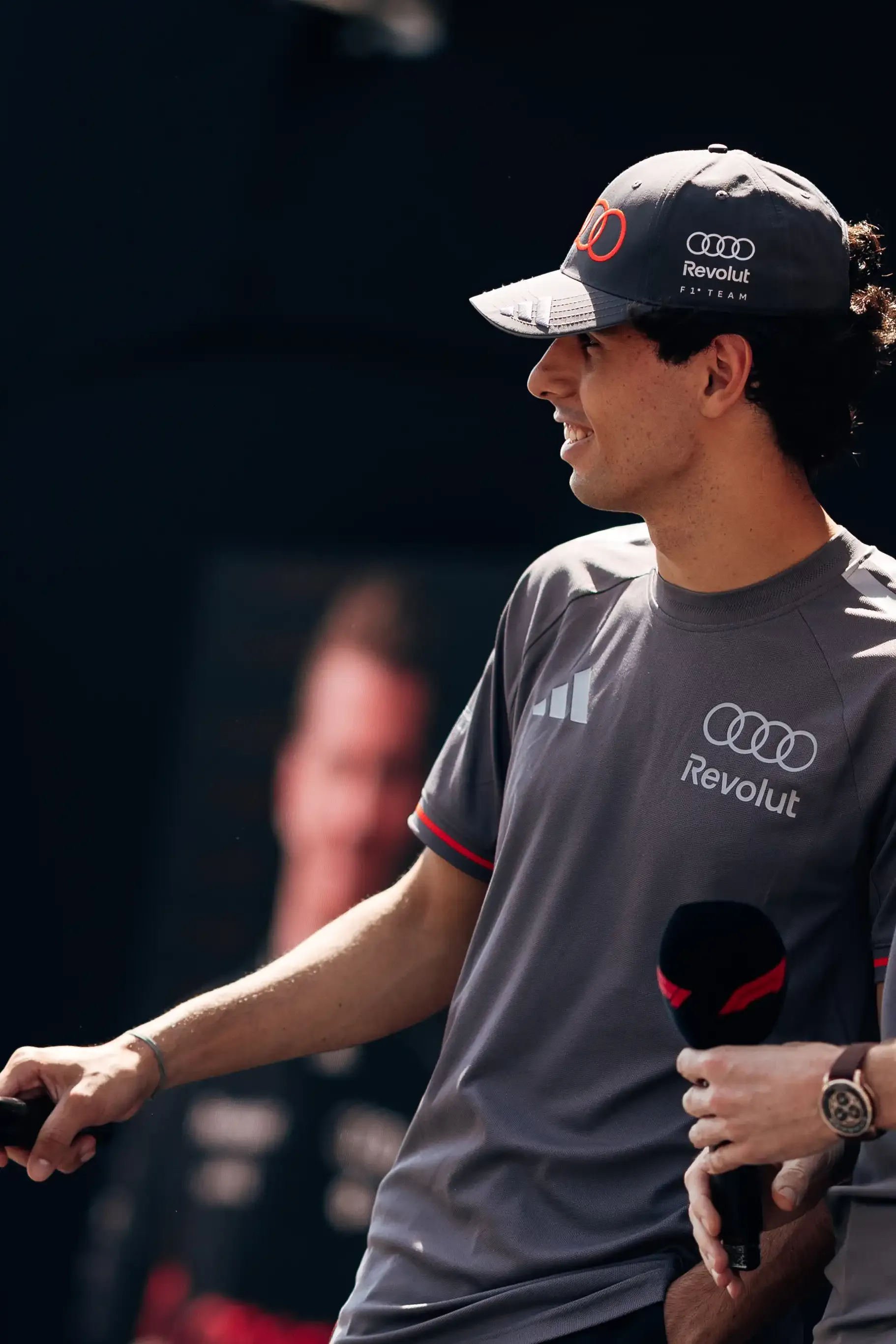 Gabriel Bortoleto interacts with fans during the fan forum ahead of FP3 at the Formula 1® Austrian Grand Prix at the Red Bull Ring, representing Audi Revolut F1® Team.