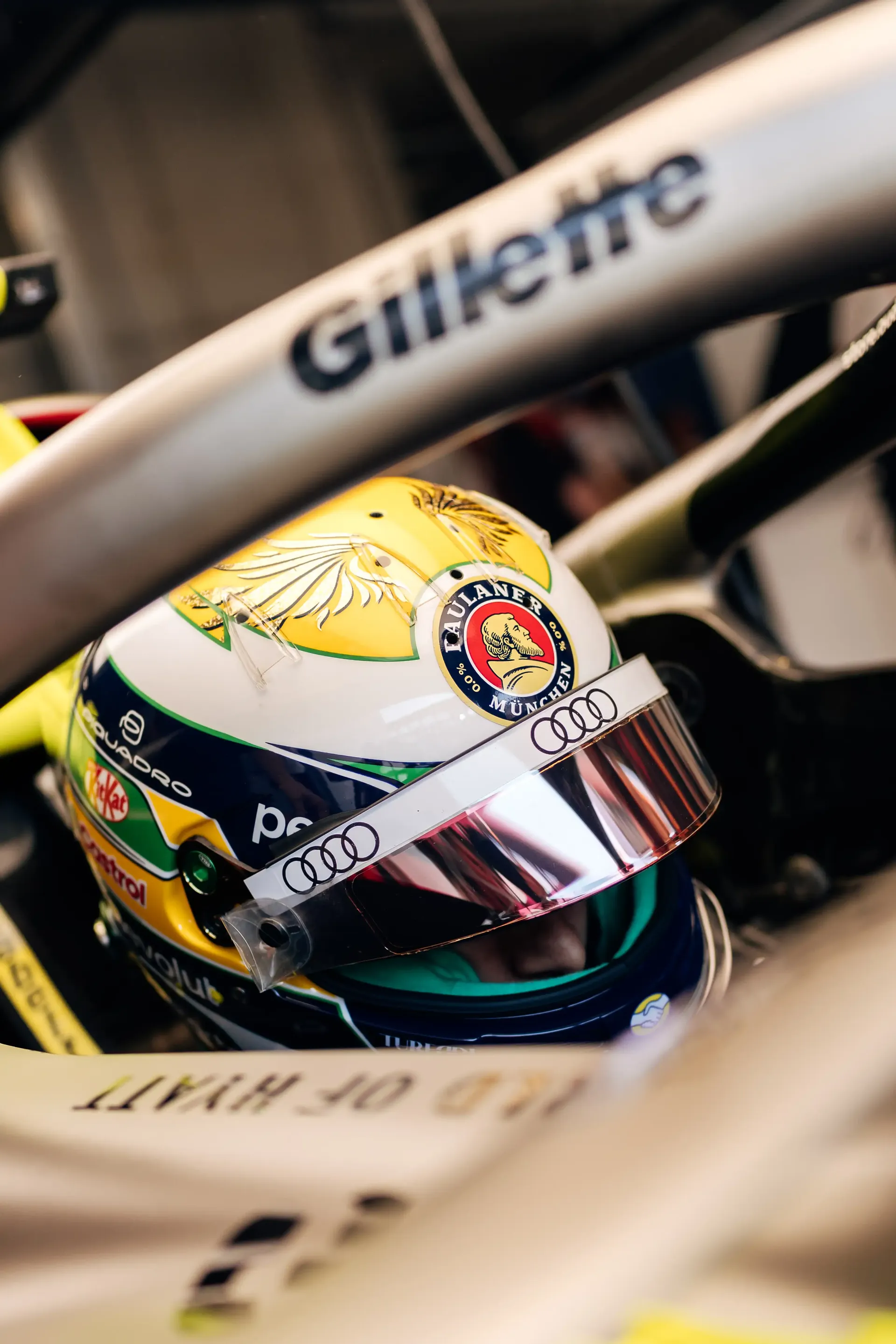 Close-up of Gabriel Bortoleto's helmet inside the cockpit of the Audi Revolut F1® Team car during FP3 at the Austrian Grand Prix in Spielberg, Austria.