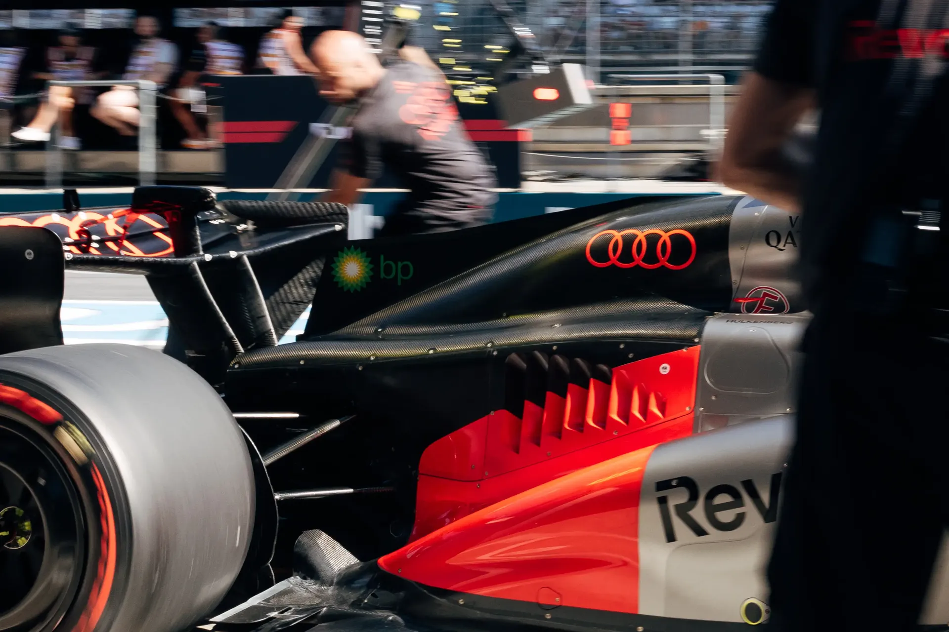 Side view of the Audi R26 in the Audi Revolut F1® Team garage during Qualifying at the Austrian Grand Prix in Spielberg.