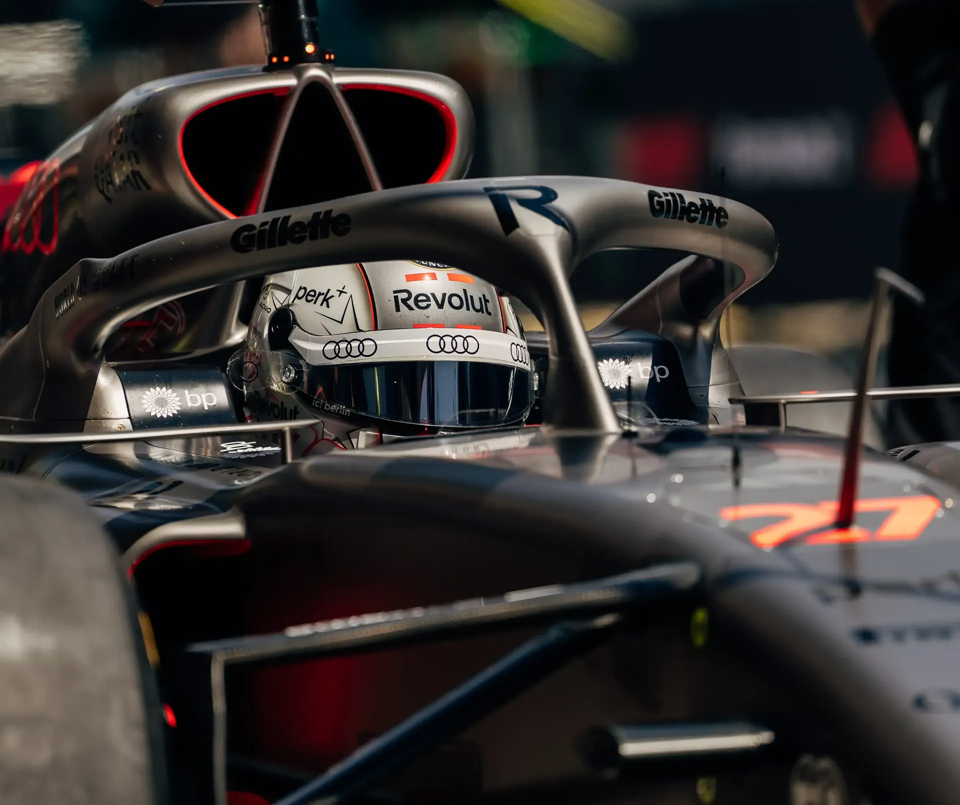 Cockpit Close Up of Nico Hulkenberg driver at the Audi Revolut F1® Team inside the garage