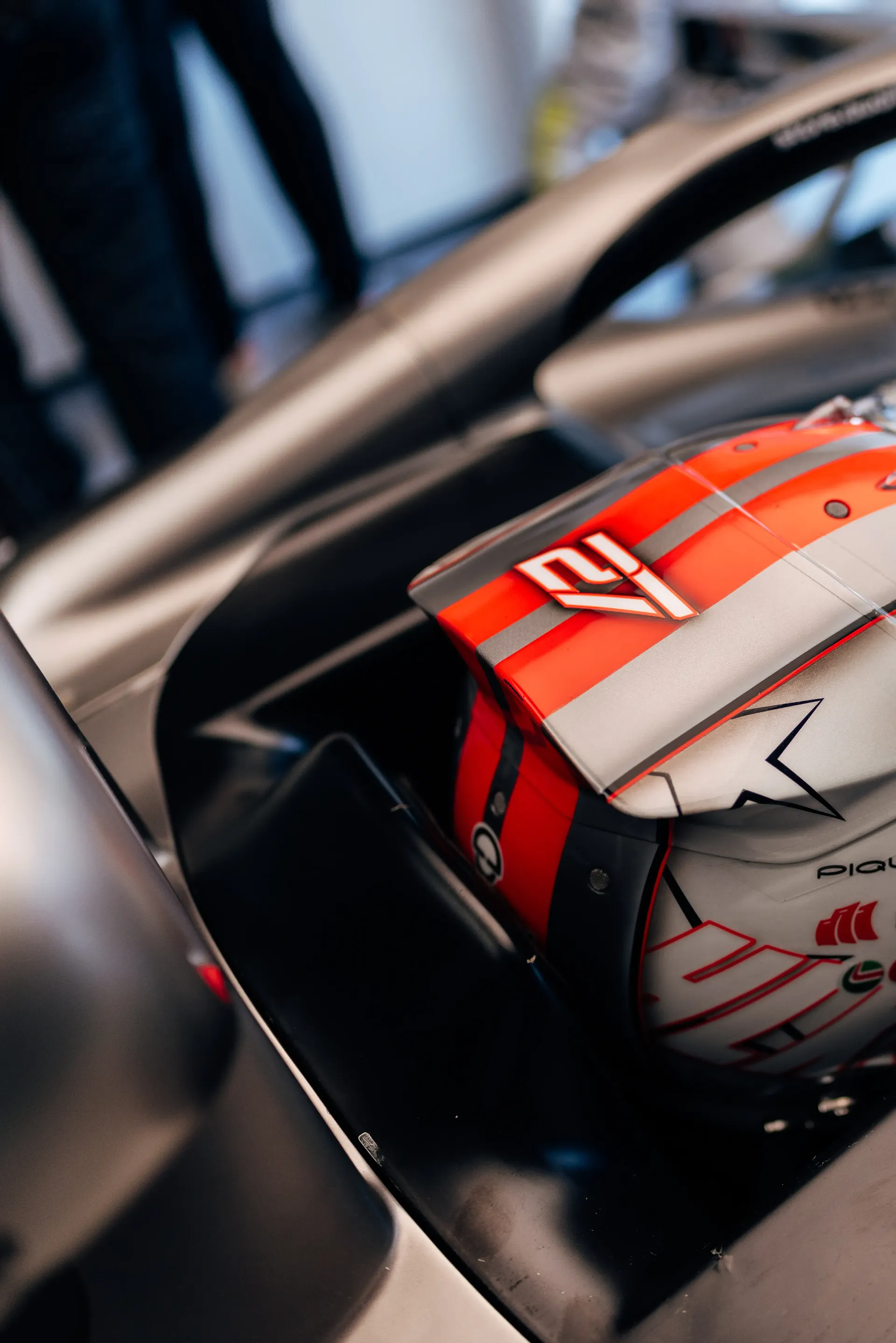 Detailed close-up of an Audi Revolut F1® Team driver's helmet Nico Hulkenberg