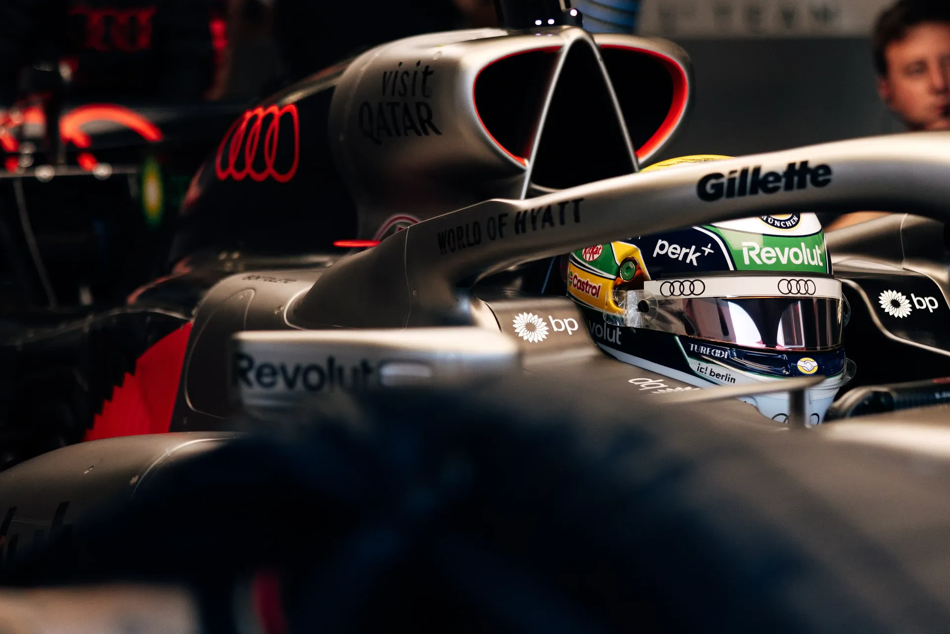 Close-up detail of the Audi Revolut F1® Team  car Audi R26 inside the garage during FP2 in Austria.