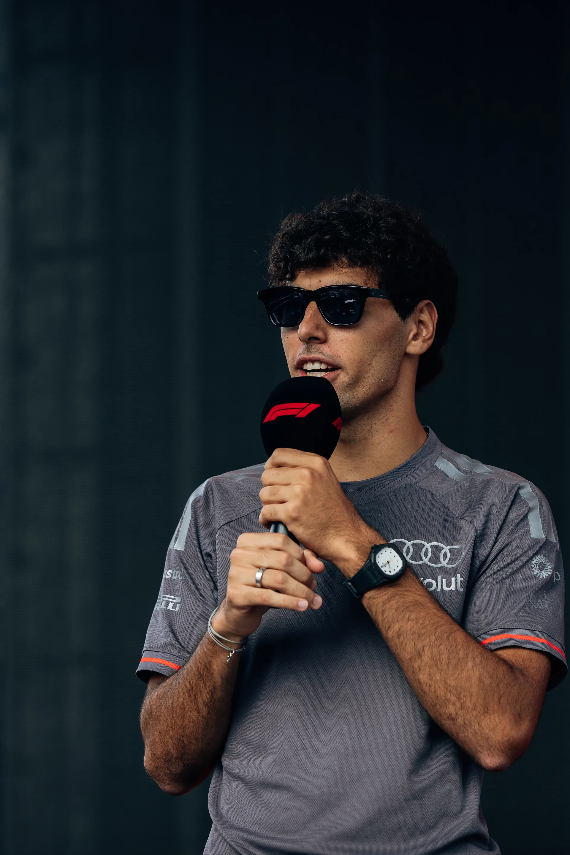 Audi Revolut F1® Team driver Gabriel Bortoleto speaking to media