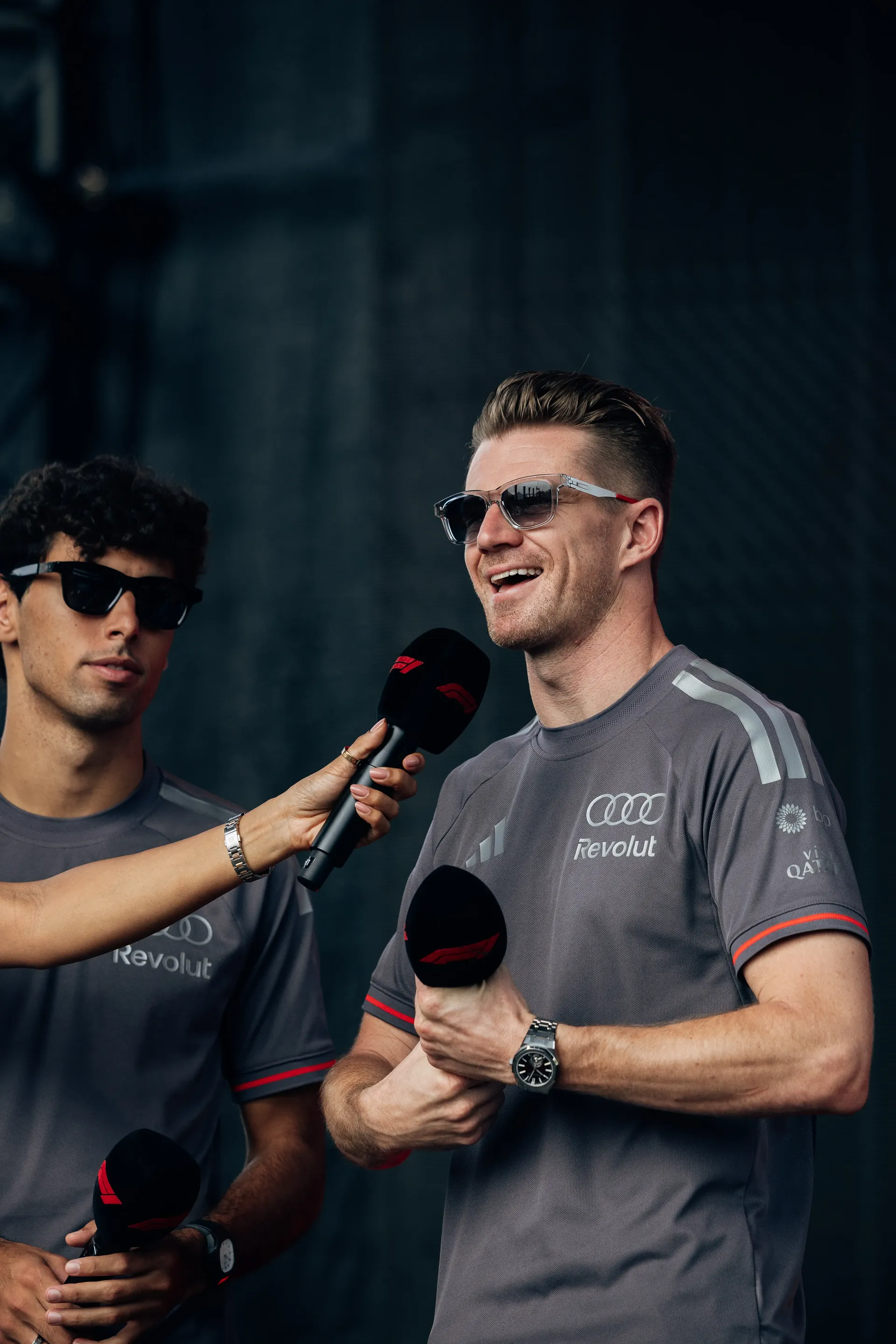 Audi Revolut F1® Team drivers Nico Hulkenberg and Gabriel Bortoleto during a media session