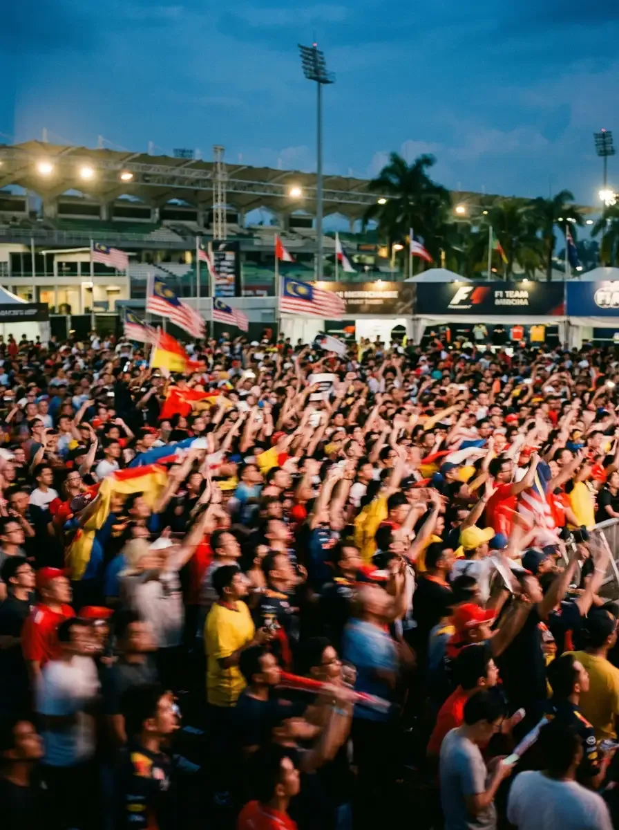 Crowd of Formula 1® fans celebrating at Sepang International Circuit during the Bahrain Grand Prix 2026 weekend in Malaysia.